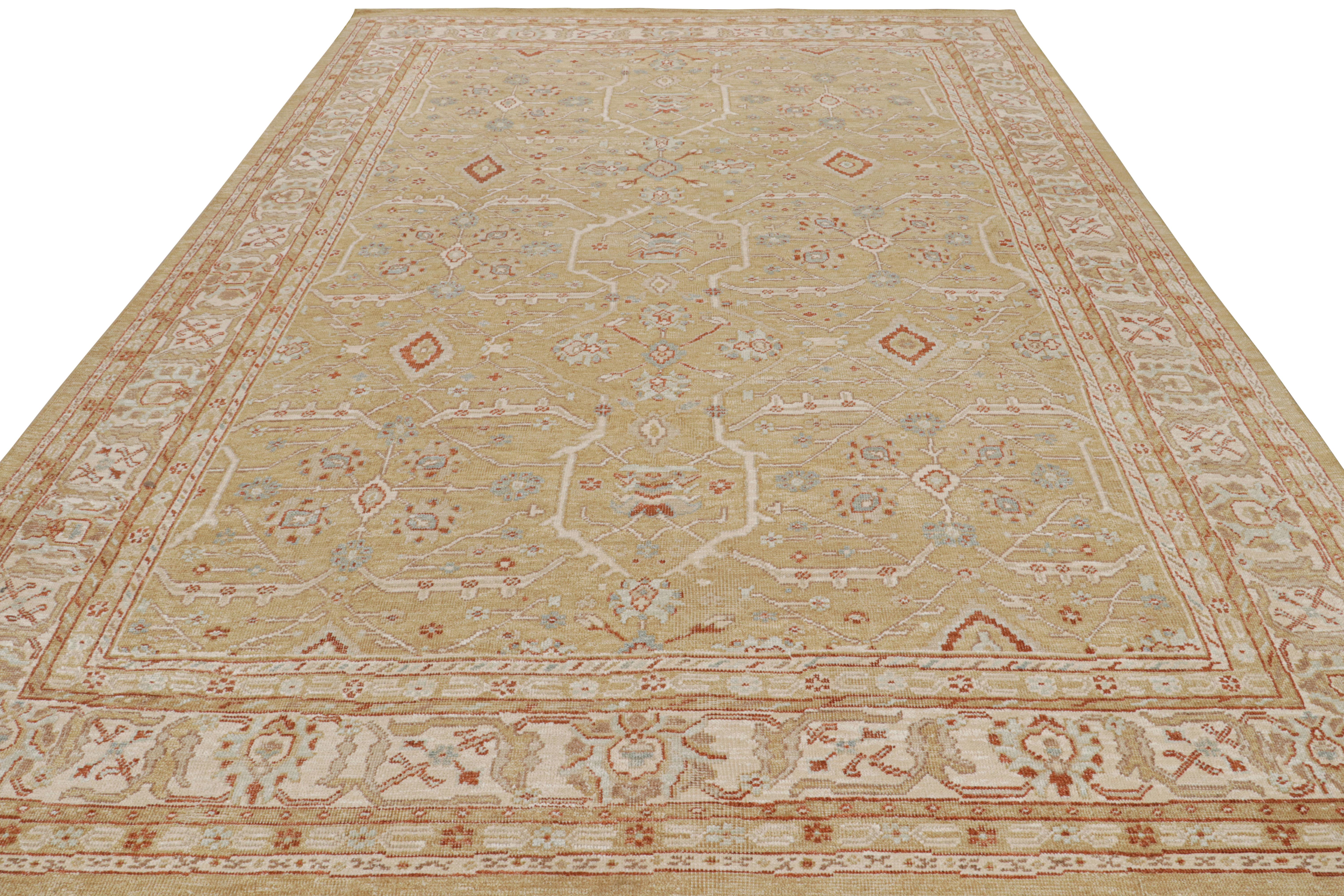 Indian Rug & Kilim’s Oushak Style Rug in Beige-Brown, Gold Floral Patterns For Sale