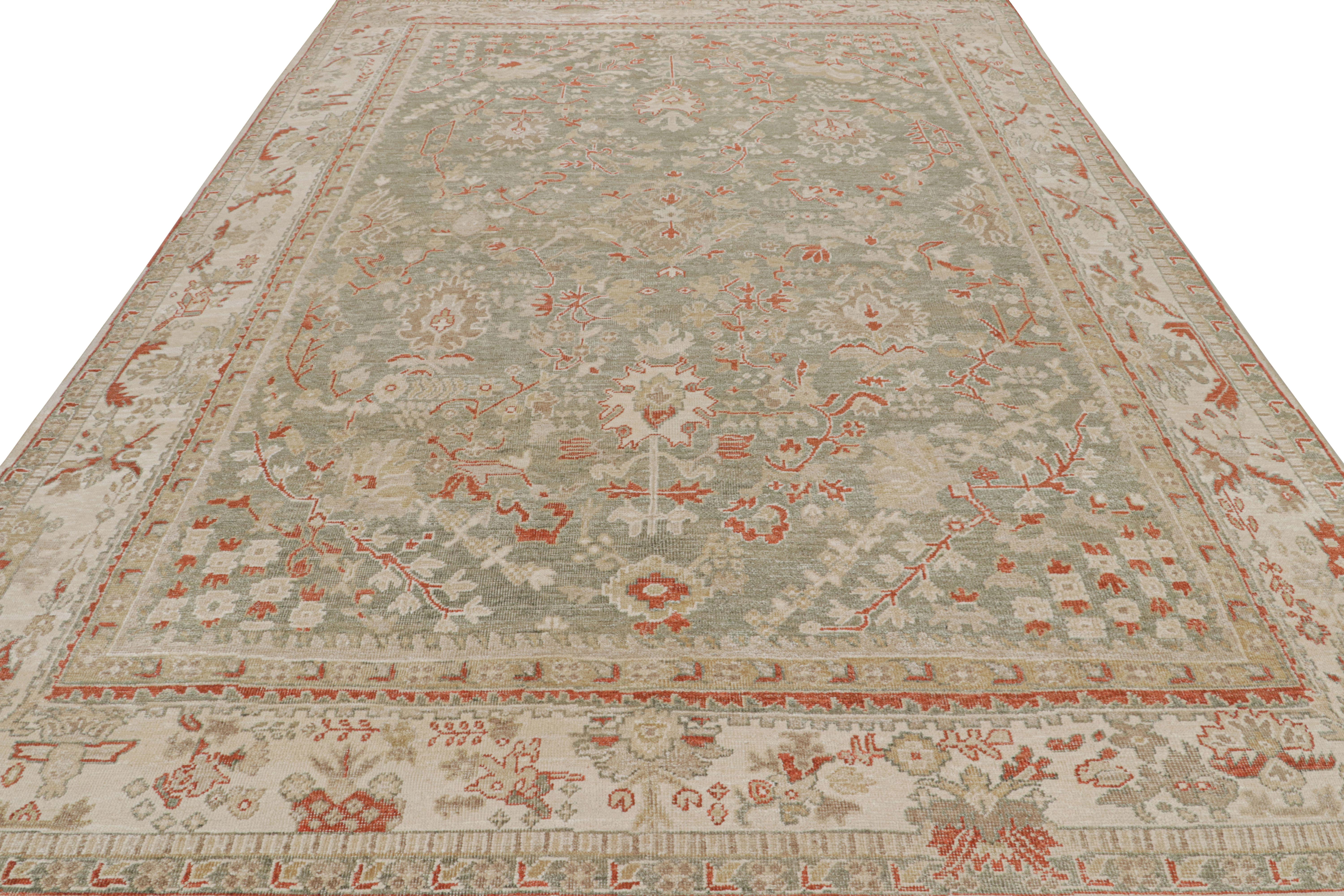 Indian Rug & Kilim’s Oushak Style Rug in Beige-Brown, Green Floral Patterns For Sale