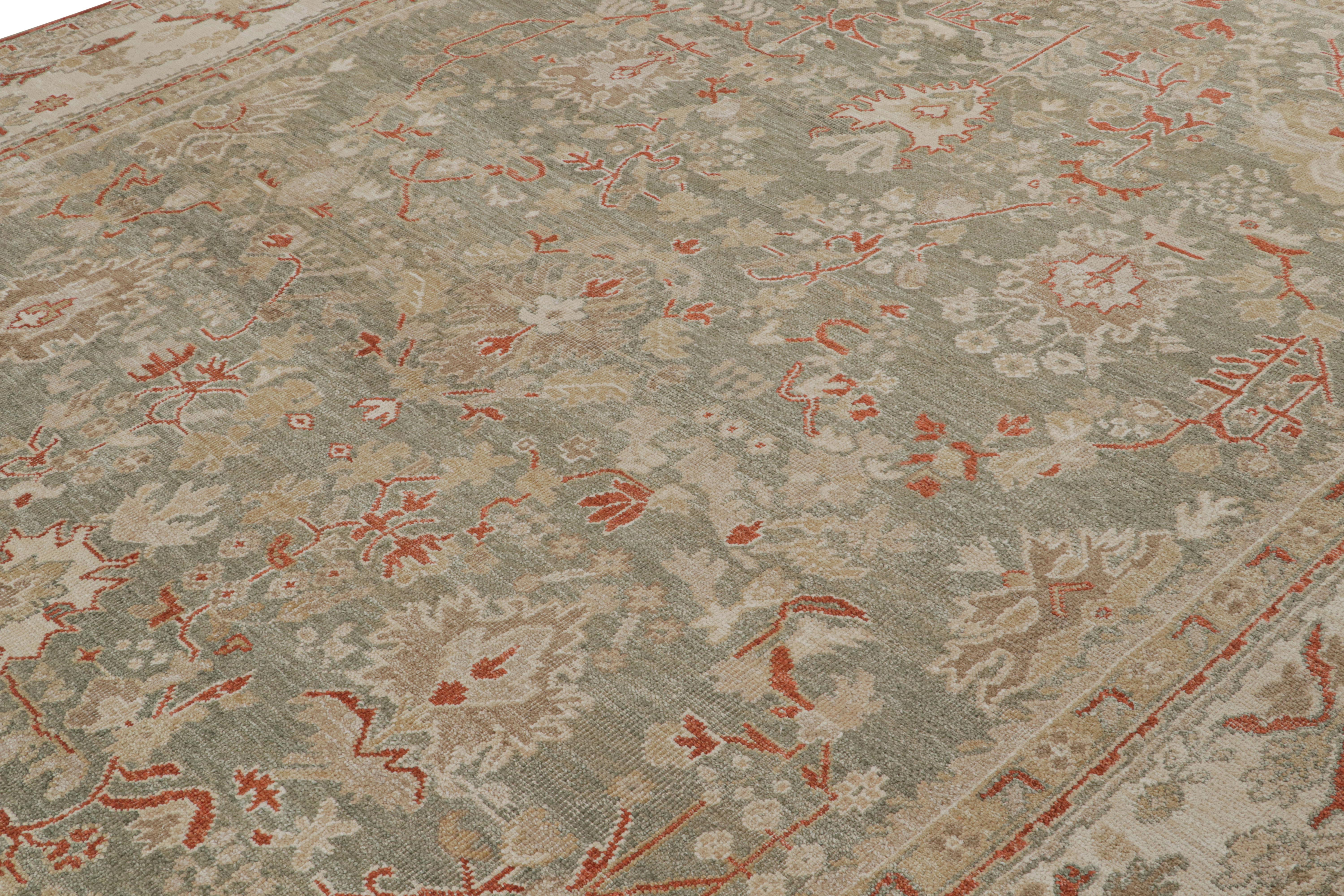 Annodato a mano Rug & Kilim - Tappeto in stile Oushak in beige-marrone con motivi floreali verdi in vendita