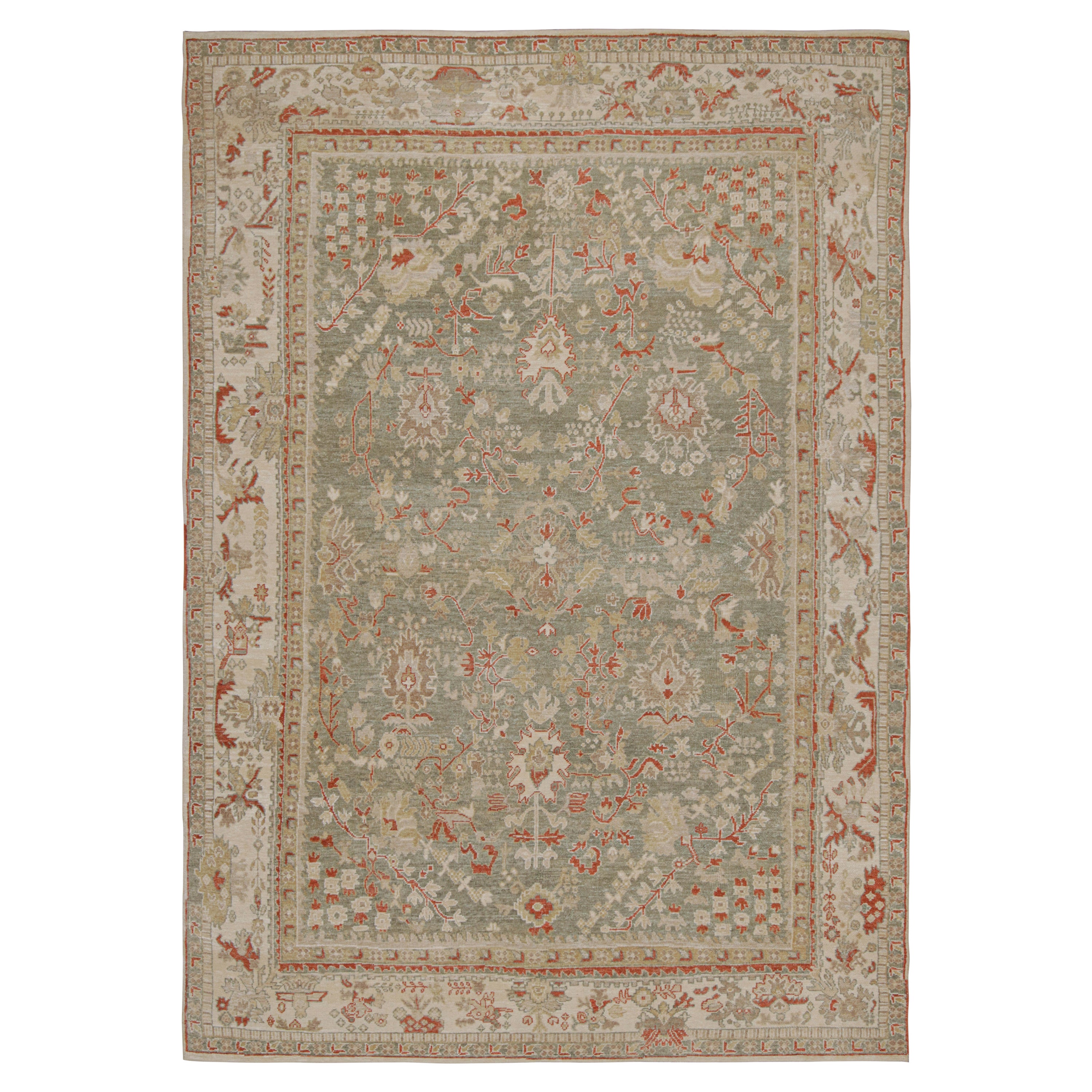 Rug & Kilim - Tappeto in stile Oushak in beige-marrone con motivi floreali verdi