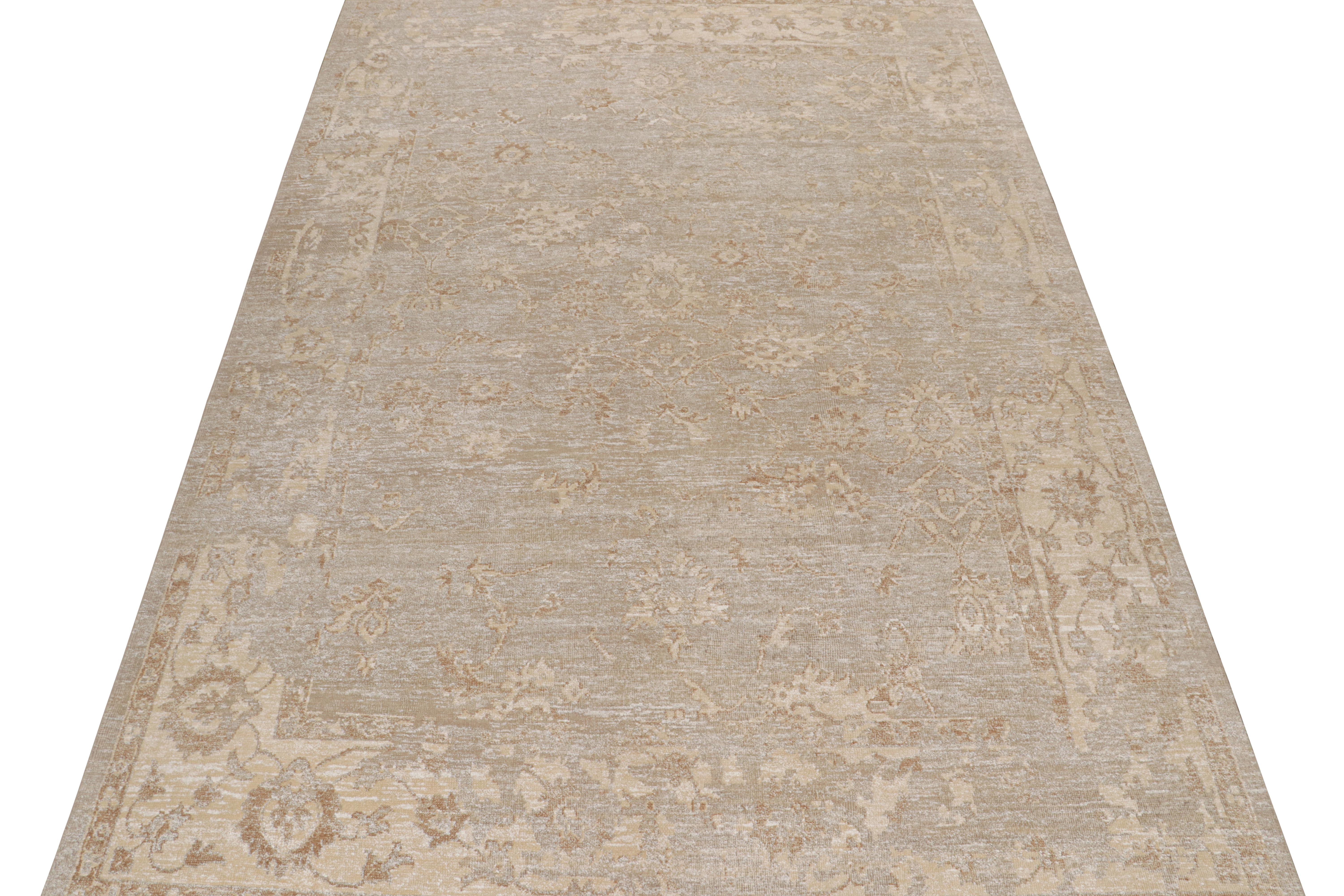 Indian Rug & Kilim’s Oushak Style Rug in Beige-Brown & White Geometric Patterns For Sale