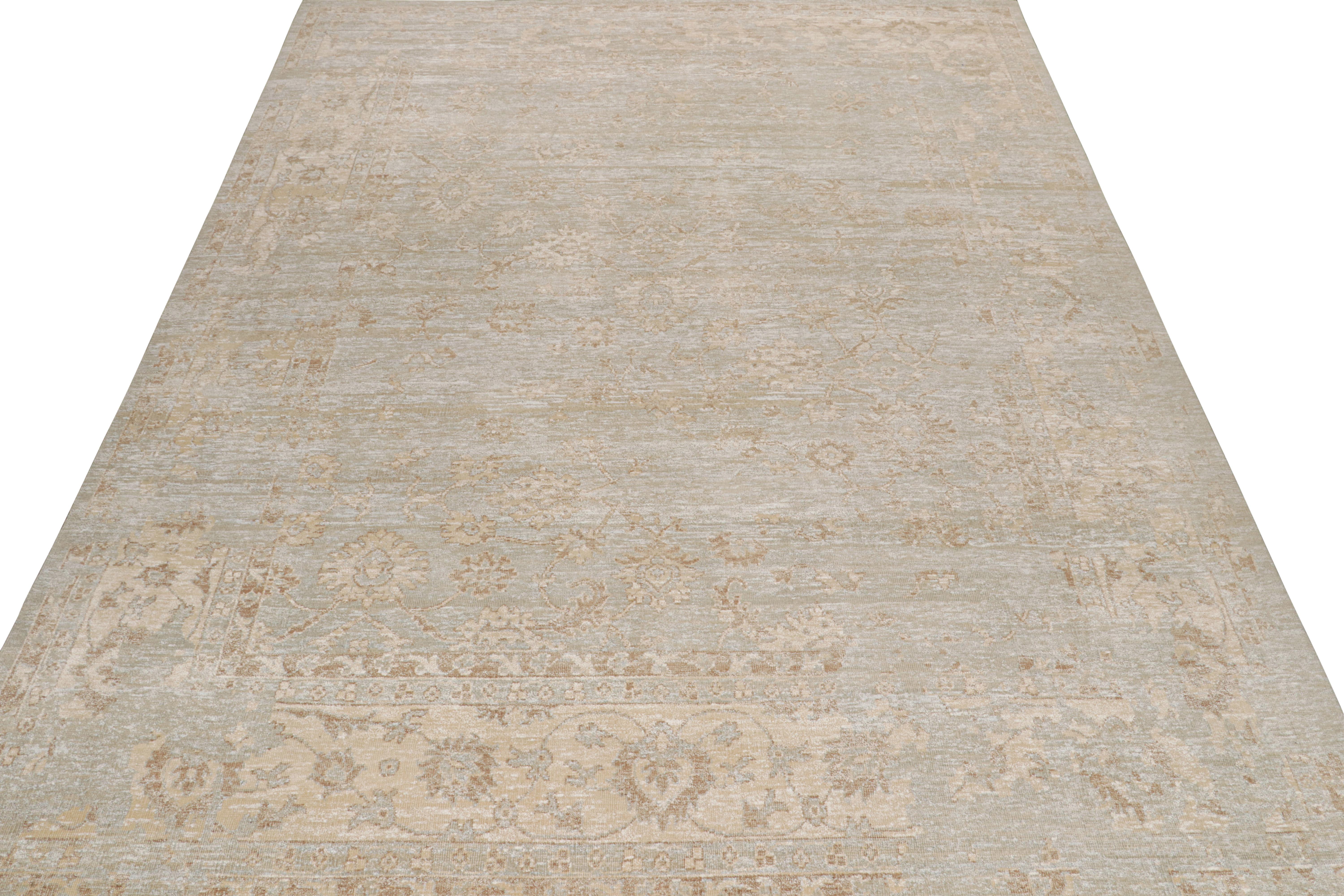 Indian Rug & Kilim’s Oushak Style Rug in Beige-Brown & White Geometric Patterns For Sale