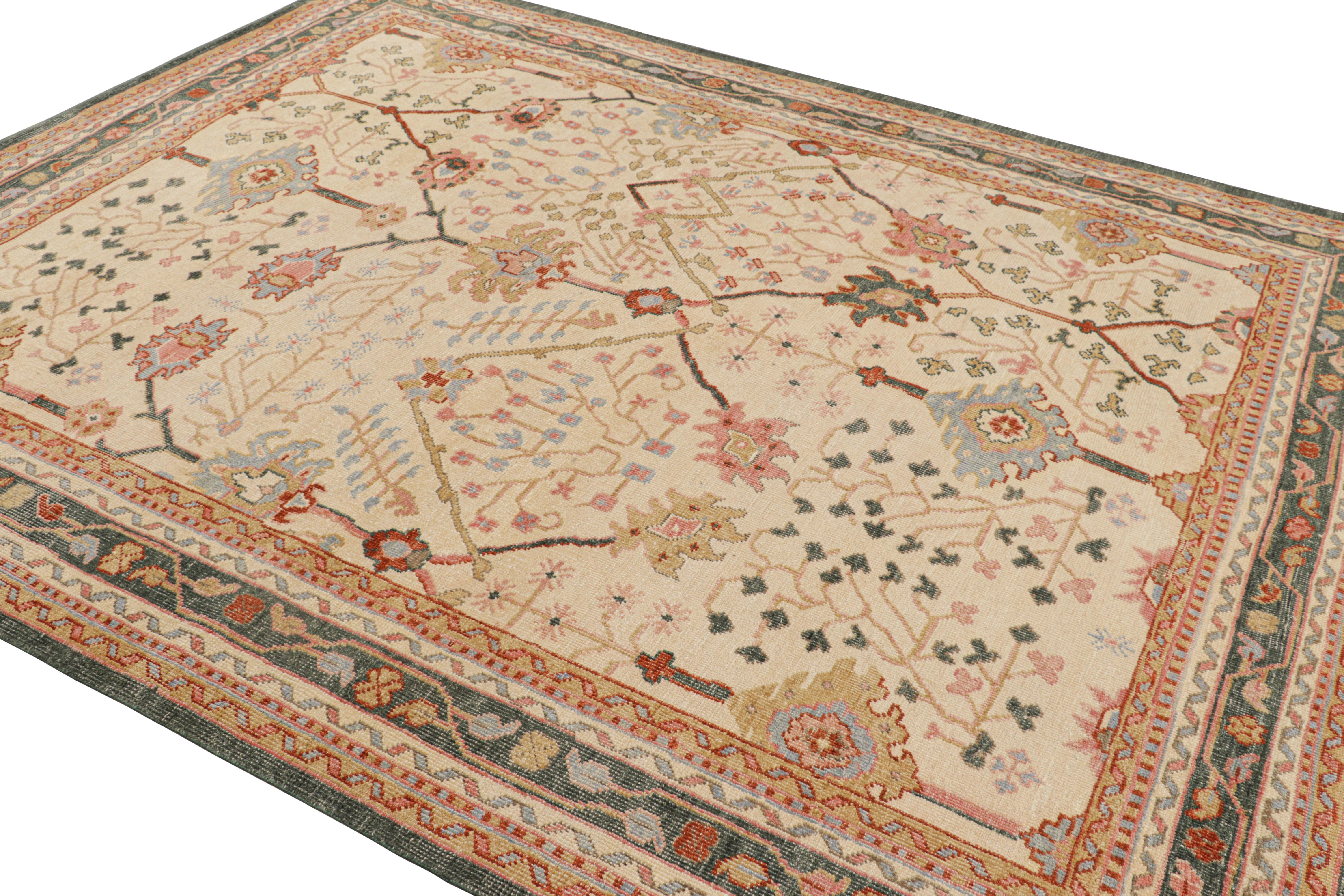 Indian Rug & Kilim’s Oushak Style Rug in Beige-Brown with Colorful Floral Patterns For Sale