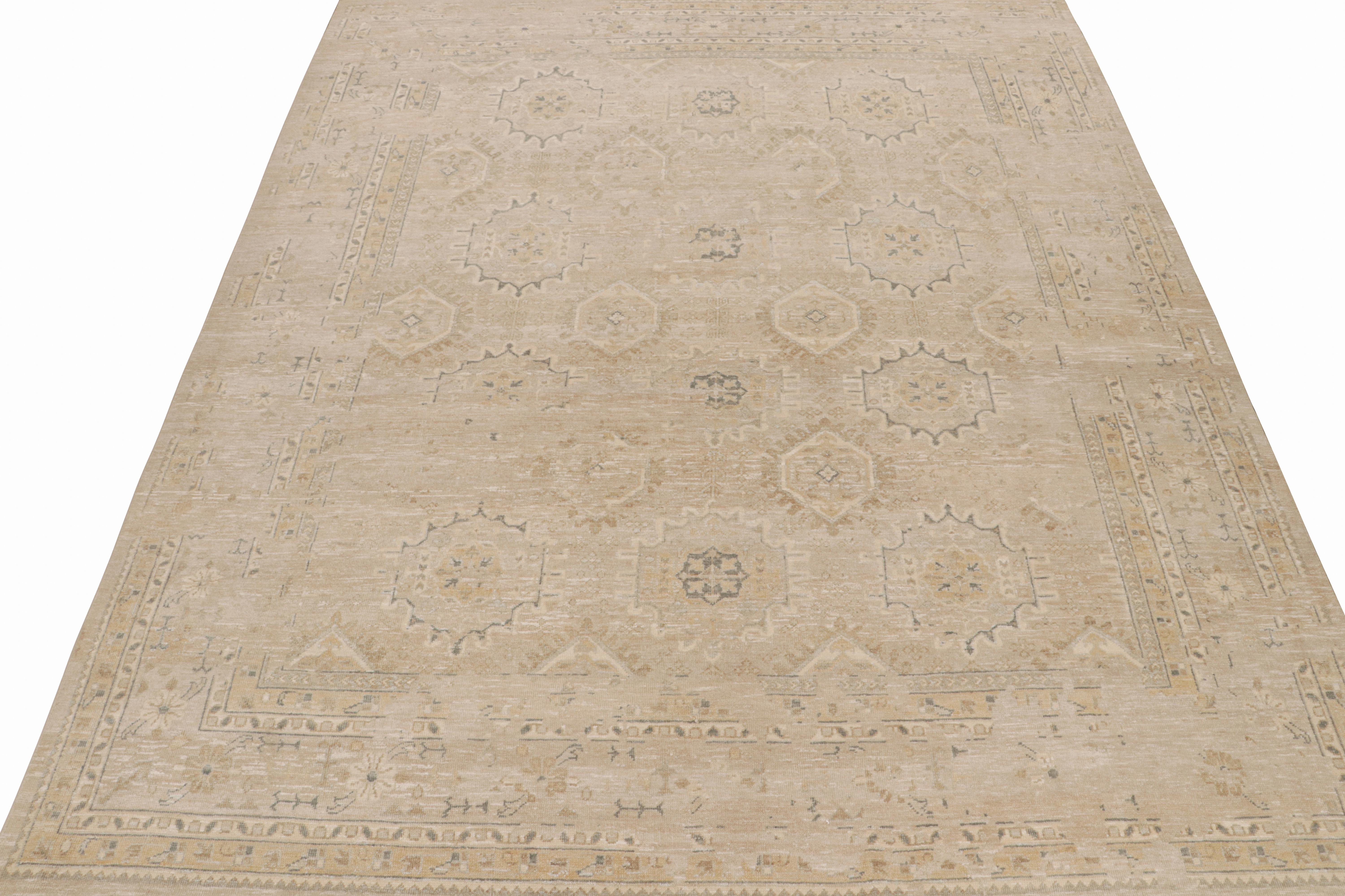 Indian Rug & Kilim’s Oushak Style Rug in Beige-Brown with Floral Patterns For Sale