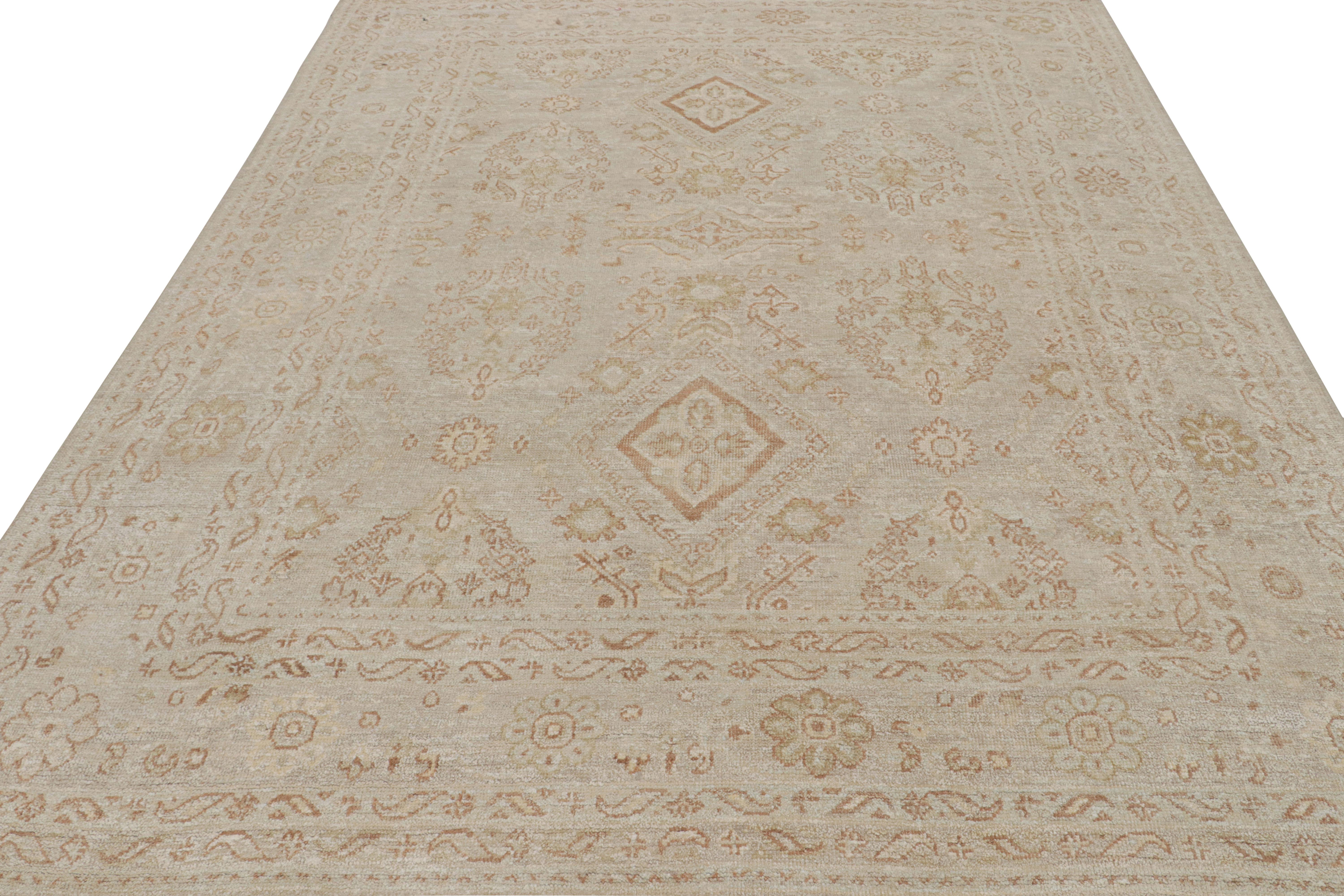 Indian Rug & Kilim’s Oushak Style Rug in Beige-Brown with Floral Patterns For Sale