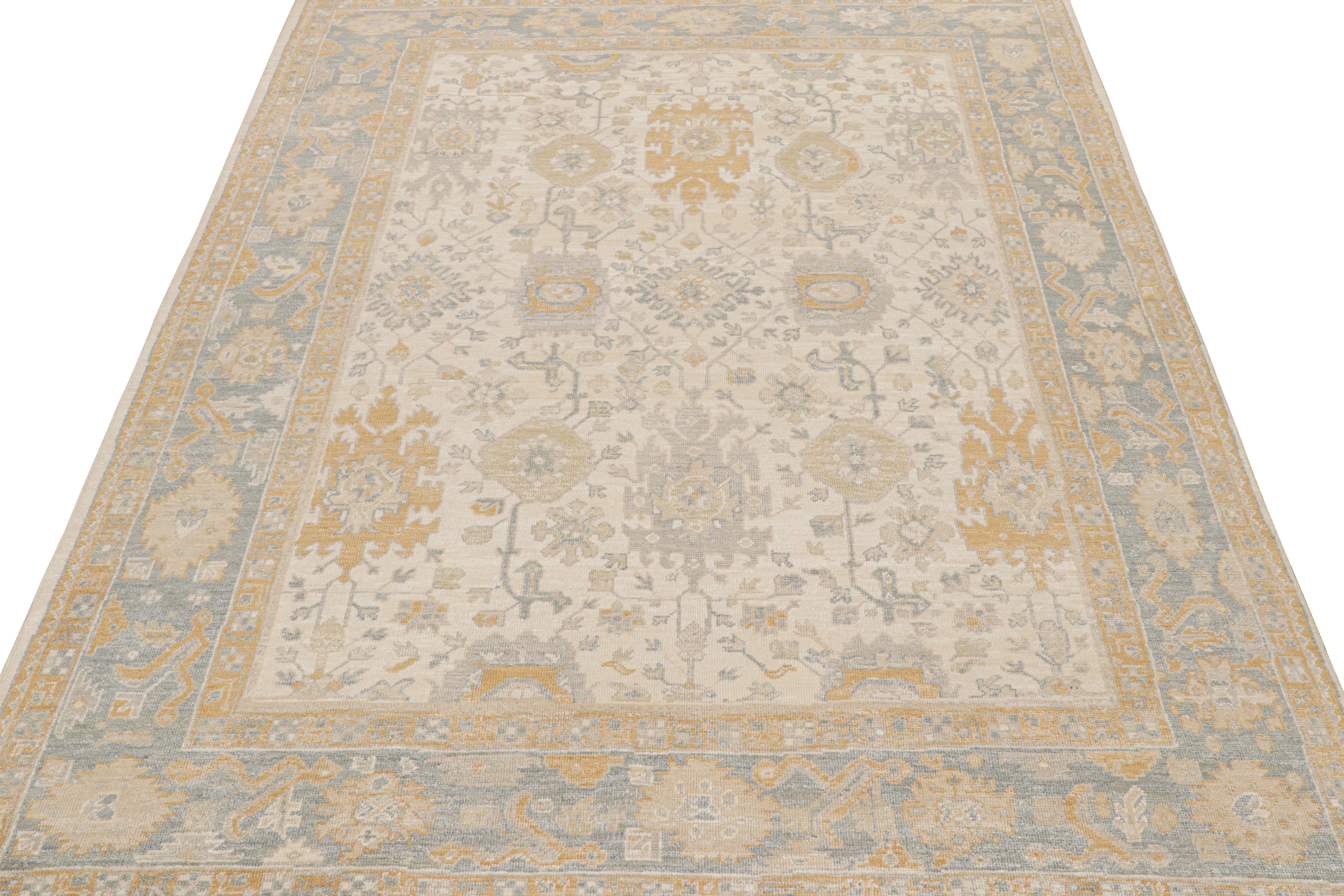 Indian Rug & Kilim’s Oushak Style Rug in Beige, Gold and Blue Floral Patterns For Sale