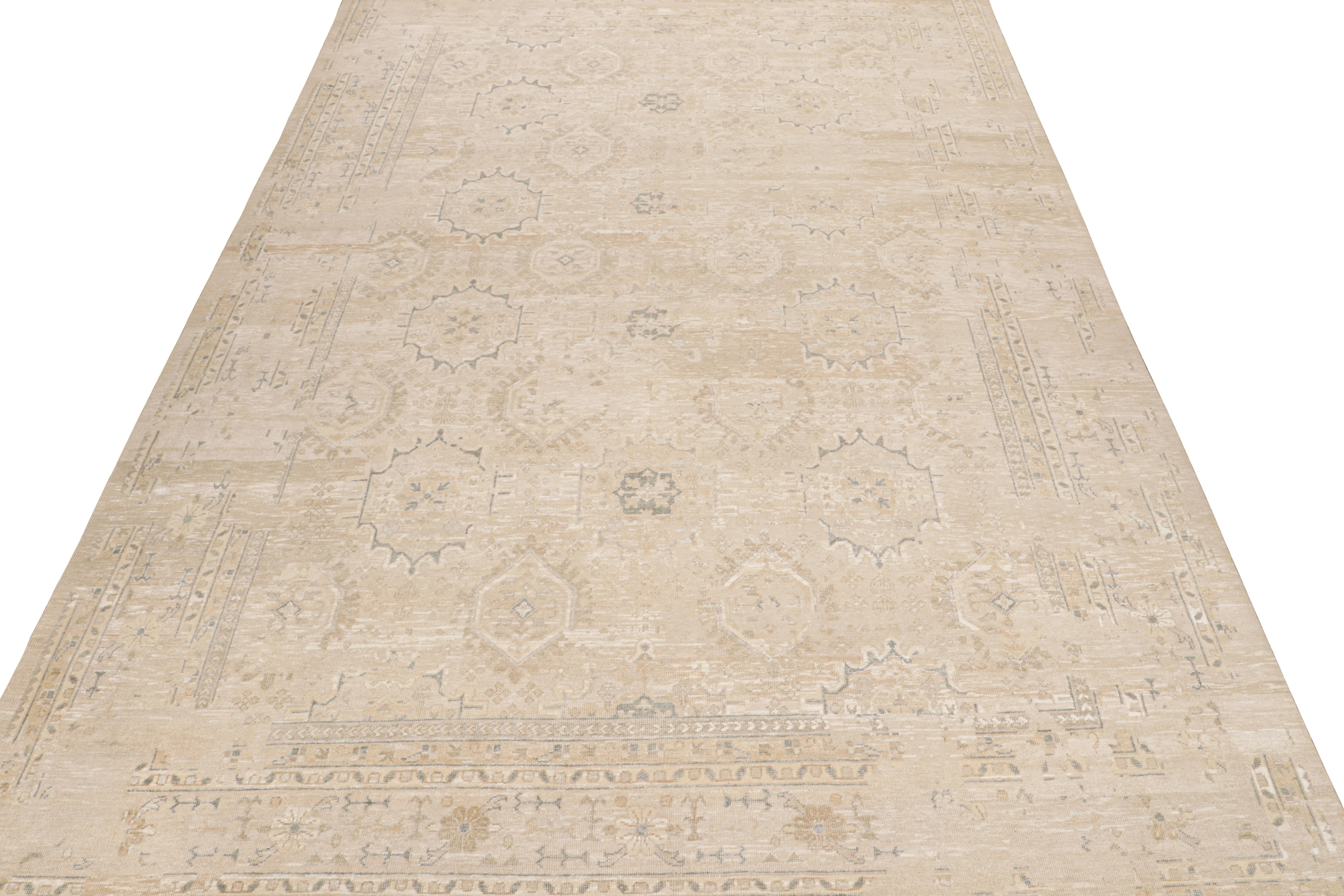 Indian Rug & Kilim’s Oushak Style Rug in Beige & grey Geometric Patterns For Sale