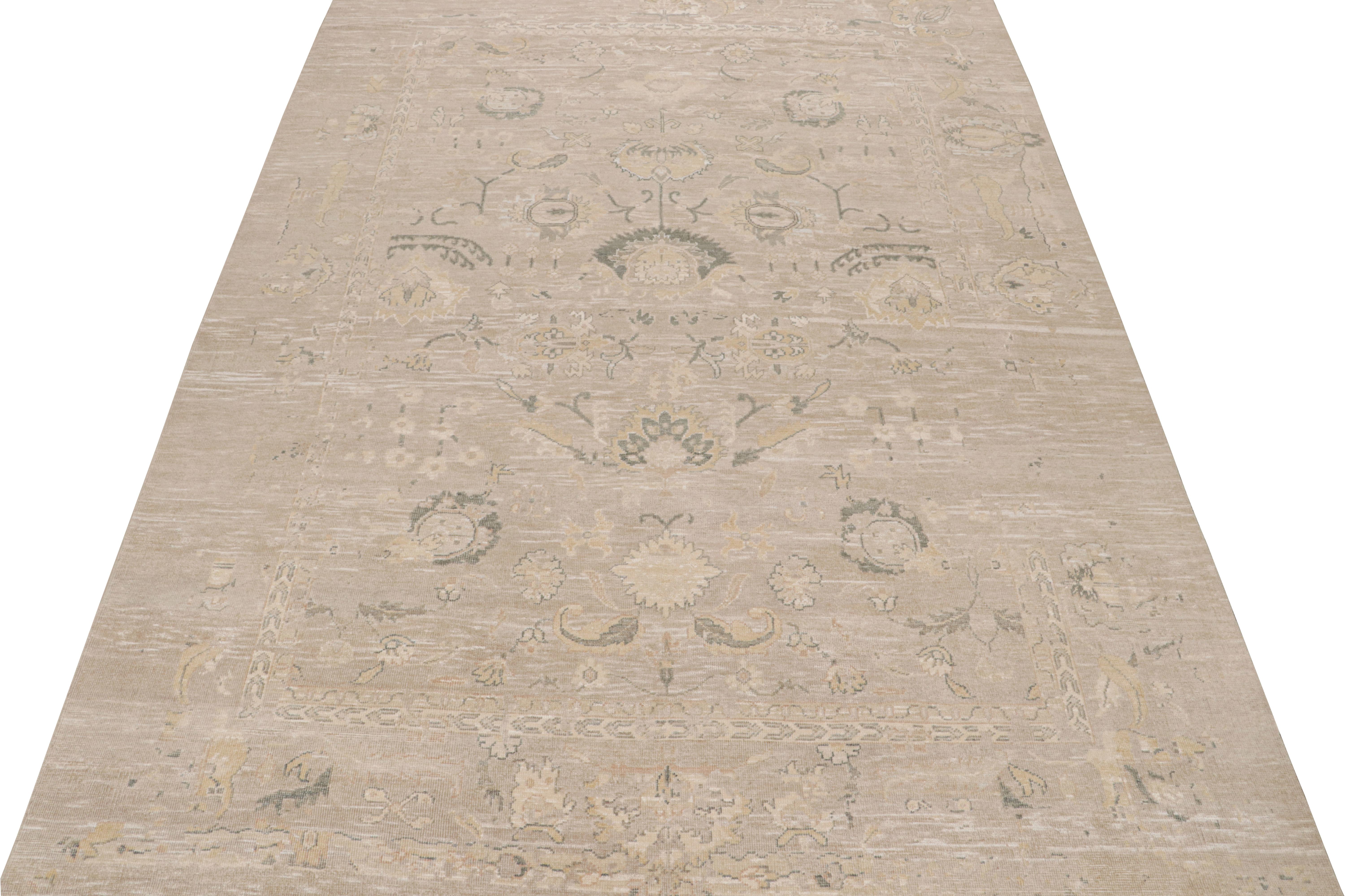 Indian Rug & Kilim’s Oushak Style Rug in Beige, Gray & Gold Geometric Patterns For Sale