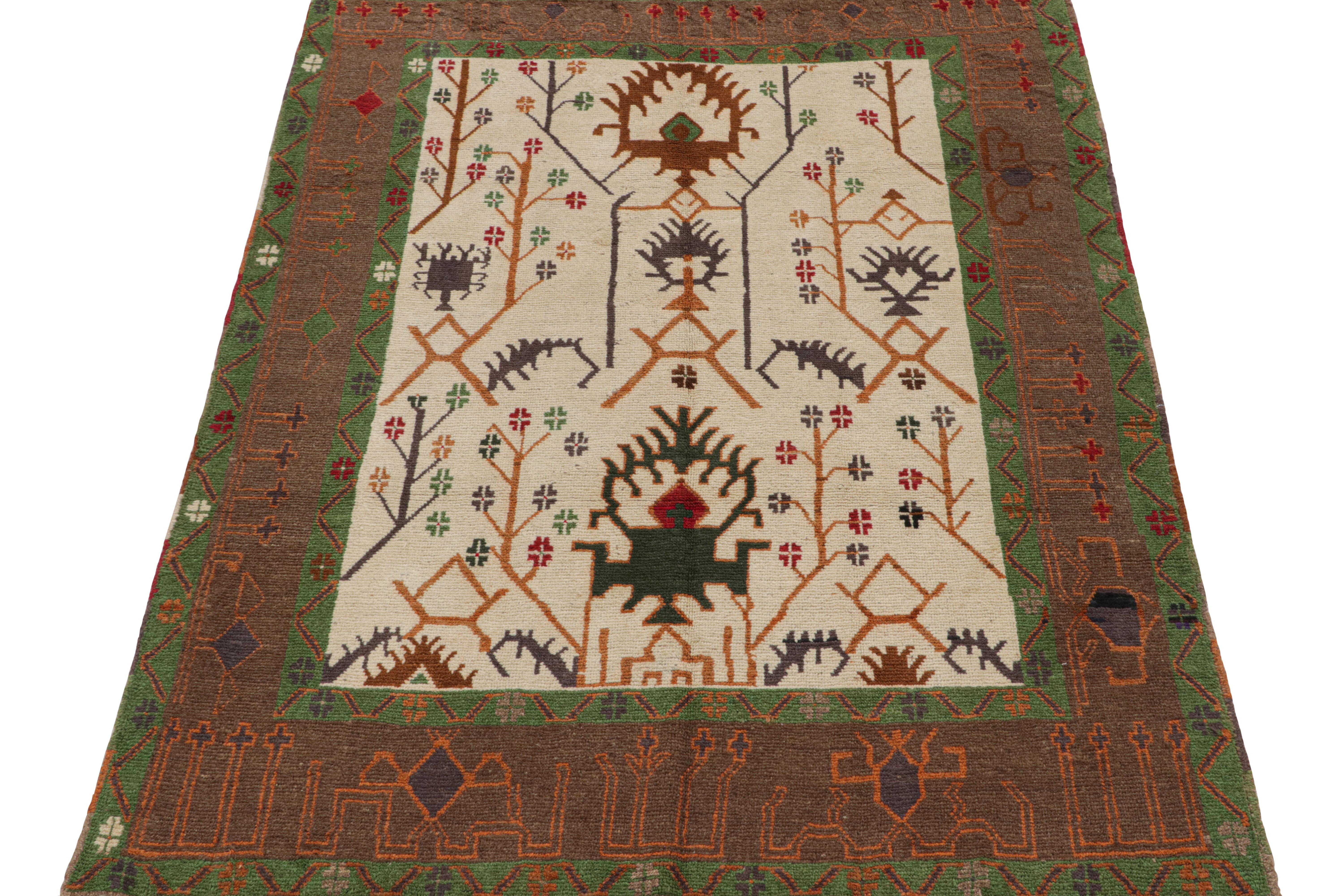 Tribal Rug & Kilim’s Oushak style rug in Beige with Green and Rust Geometric Patterns For Sale