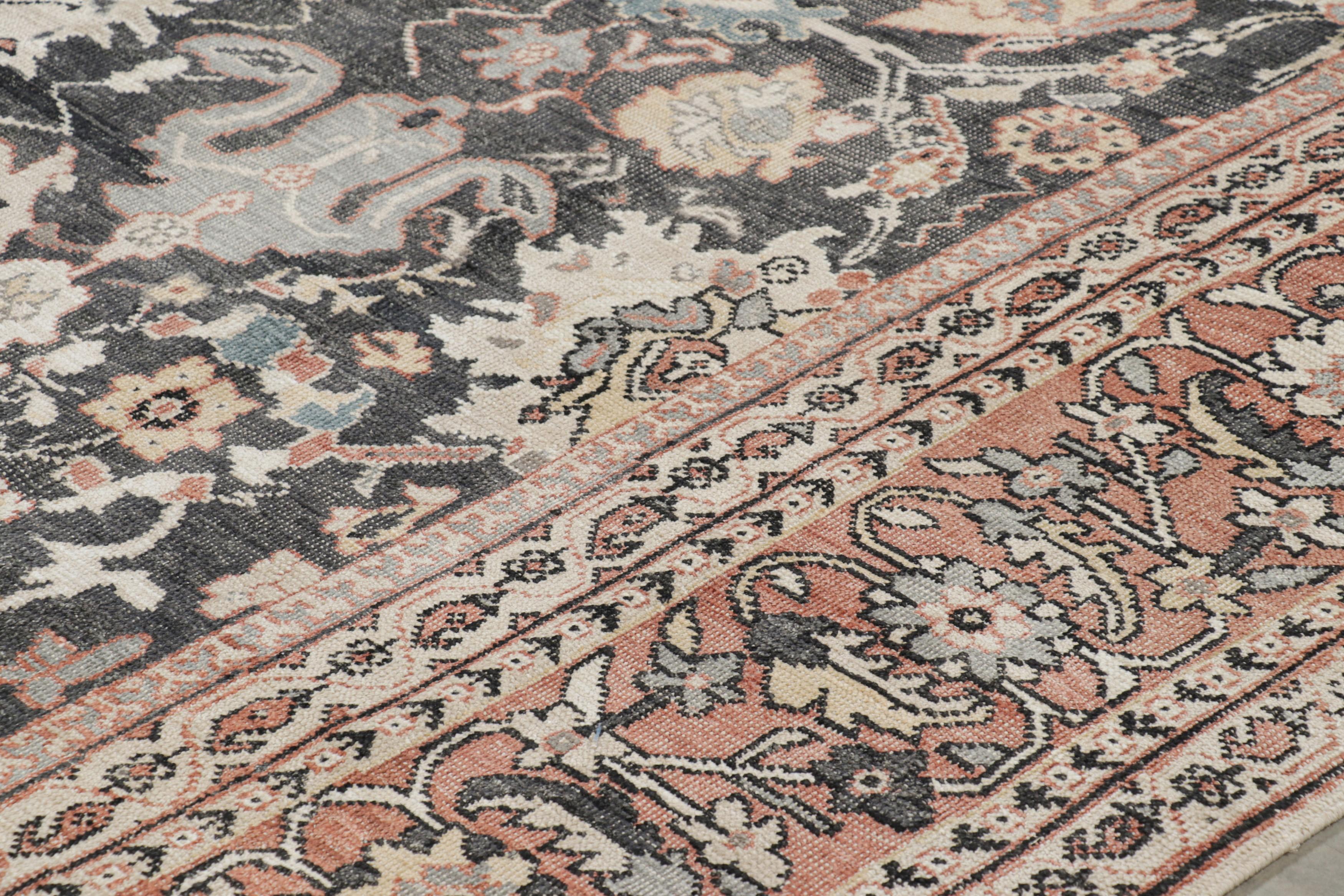 Indian Rug & Kilim’s Oushak Style Rug in Black and Brick Red with Floral Patterns For Sale