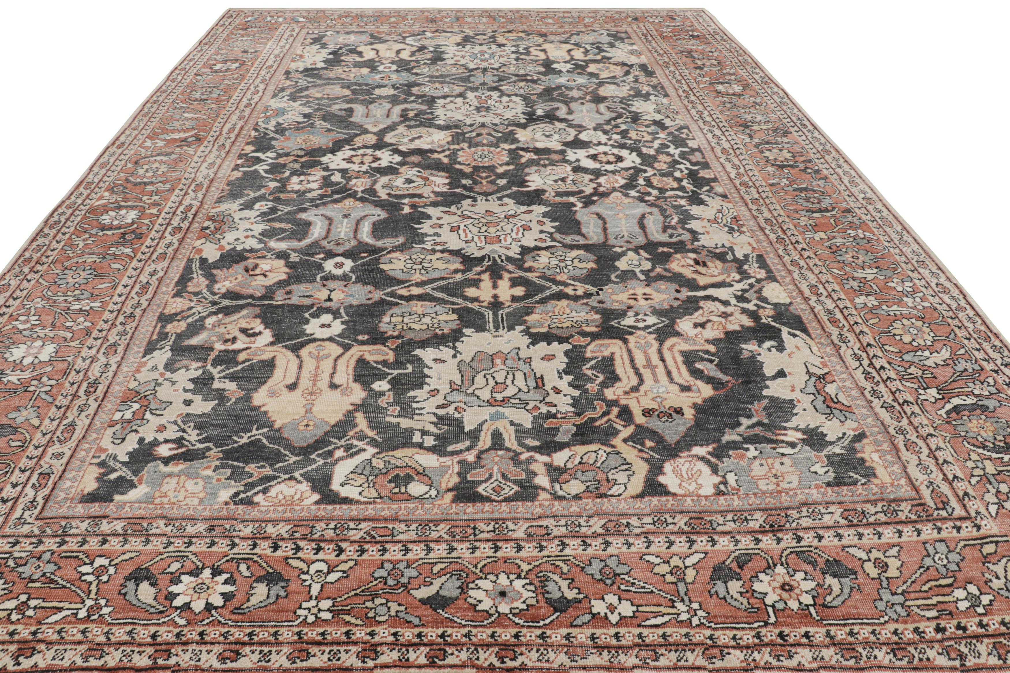 Hand-Knotted Rug & Kilim’s Oushak Style Rug in Black and Brick Red with Floral Patterns For Sale