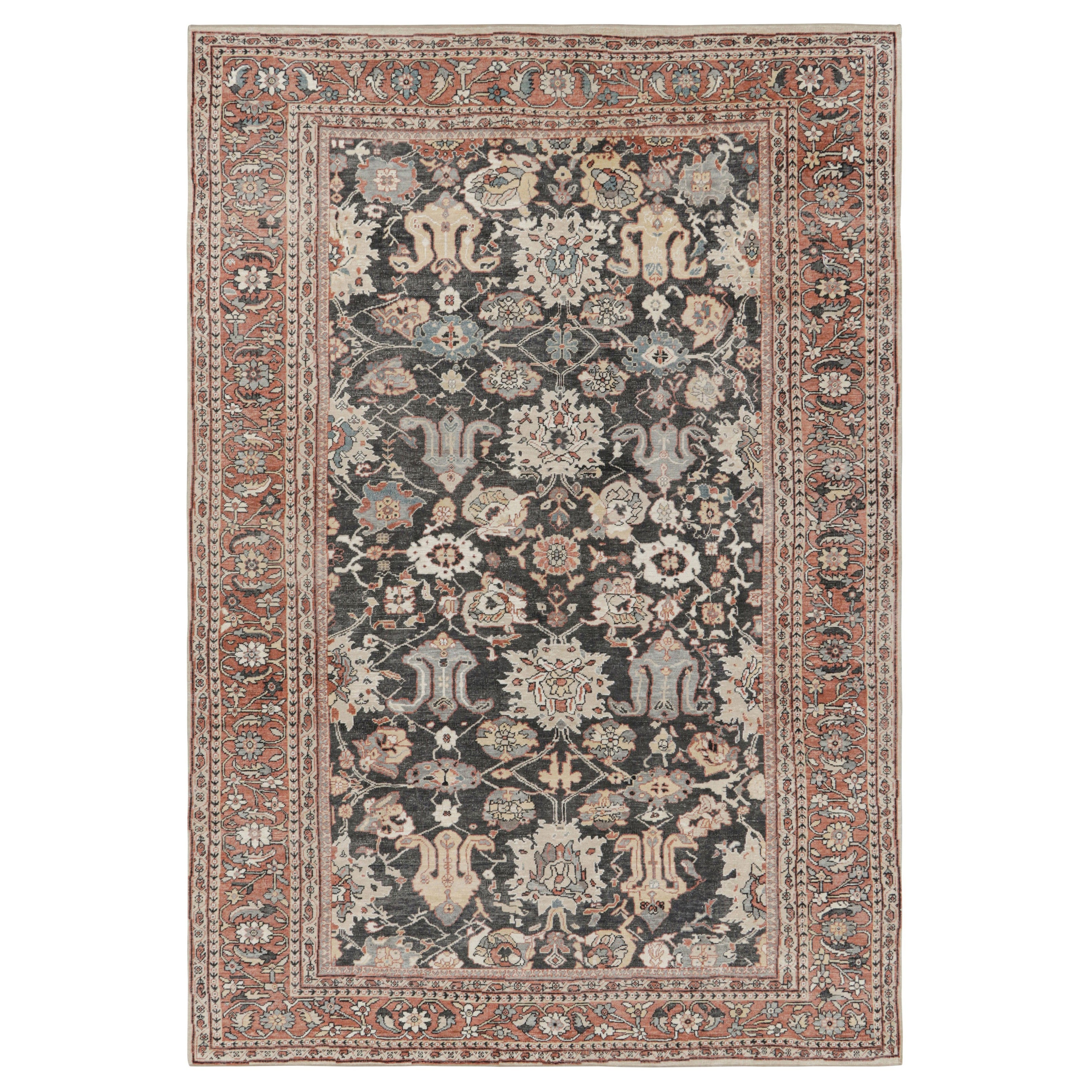 Rug & Kilim’s Oushak Style Rug in Black and Brick Red with Floral Patterns For Sale