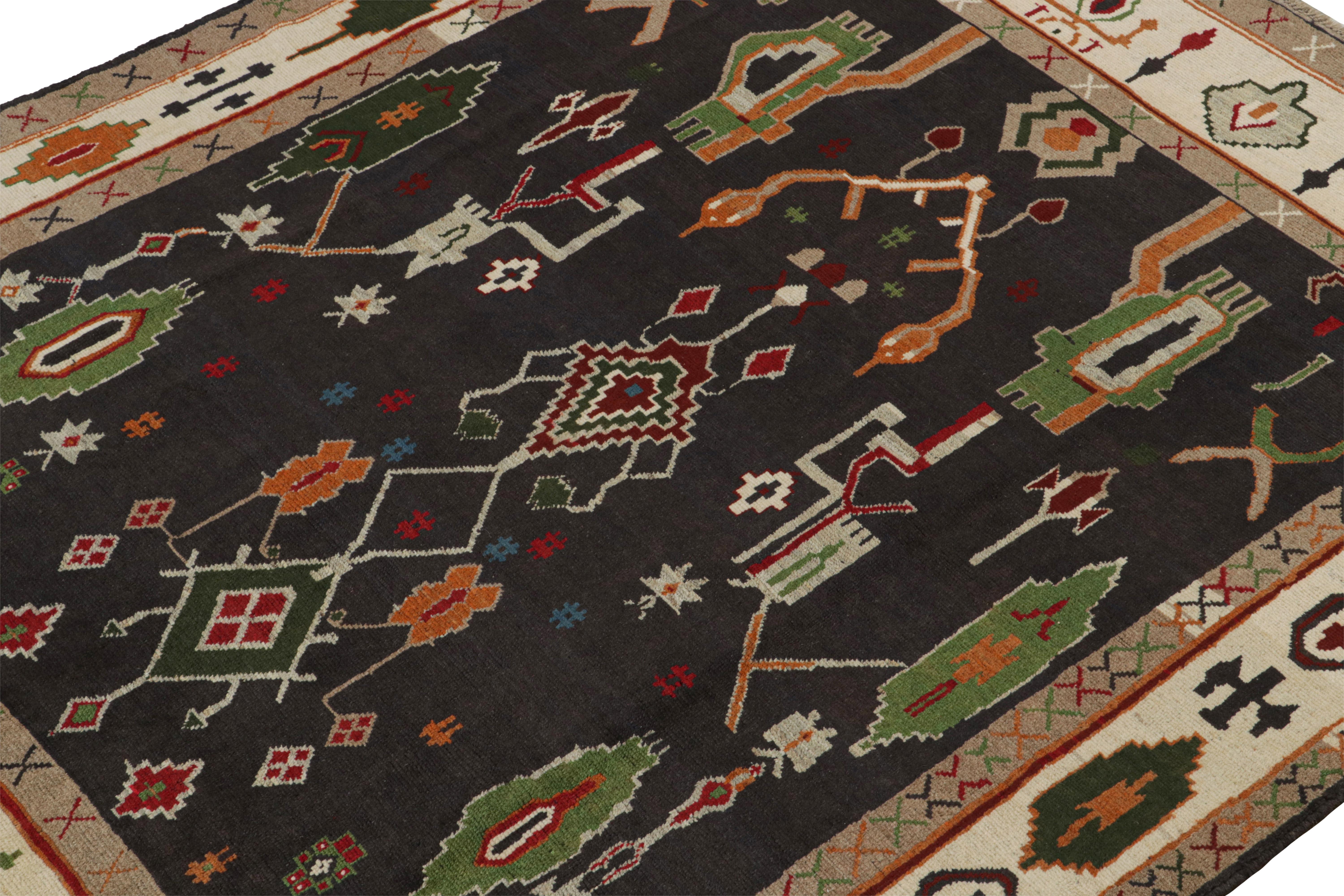 Afghan Rug & Kilim’s Oushak Style rug in Black with Colorful Geometric Patterns For Sale