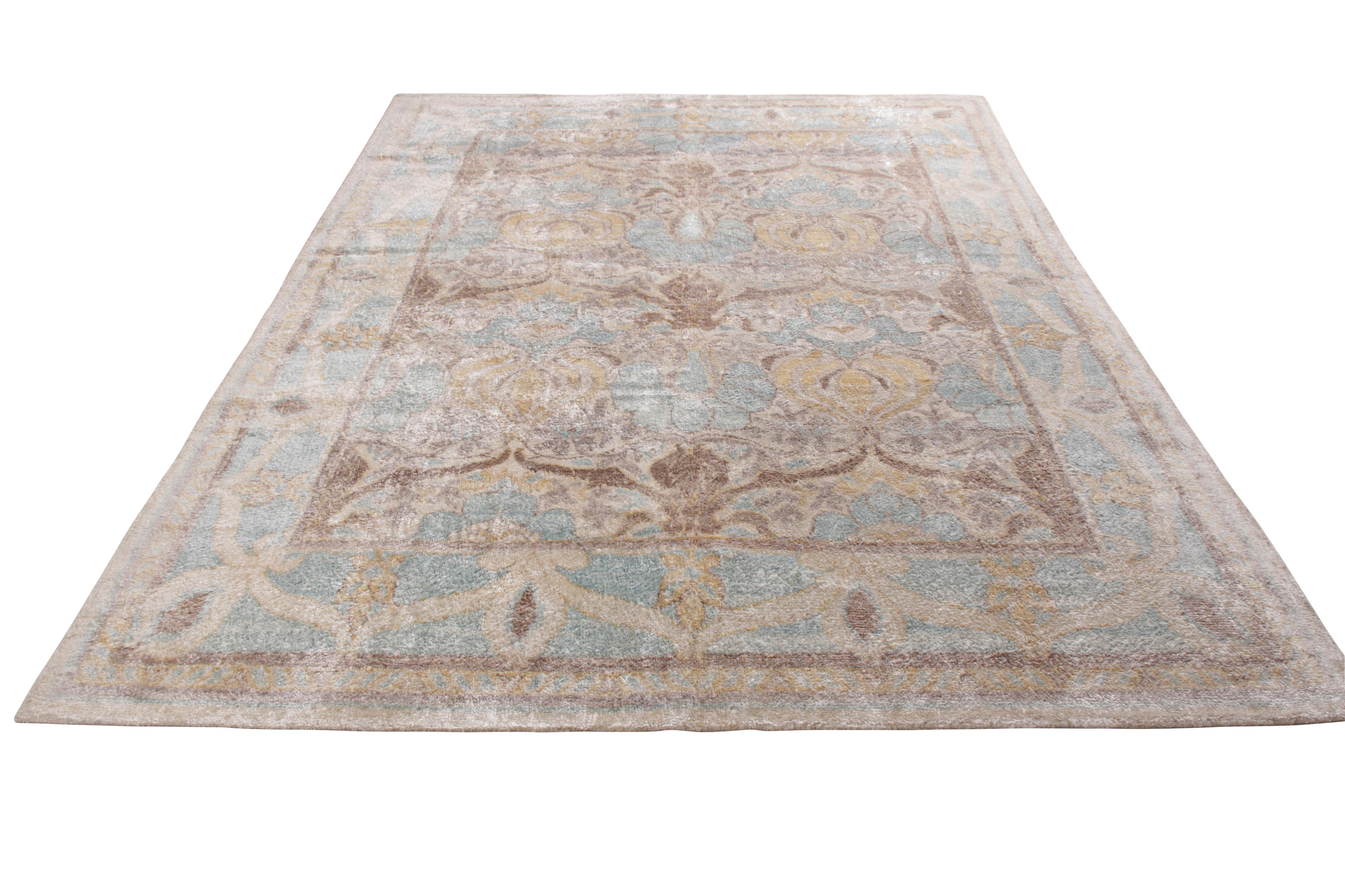 An 8 x 10 ode to unique Oushak rug styles in hand-knotted silk, from Rug & Kilim’s Modern Classics Collection. Inspired by a European take on the celebrated Oriental style, enjoying forgiving blue and beige-brown among the colorway. Exceptional in