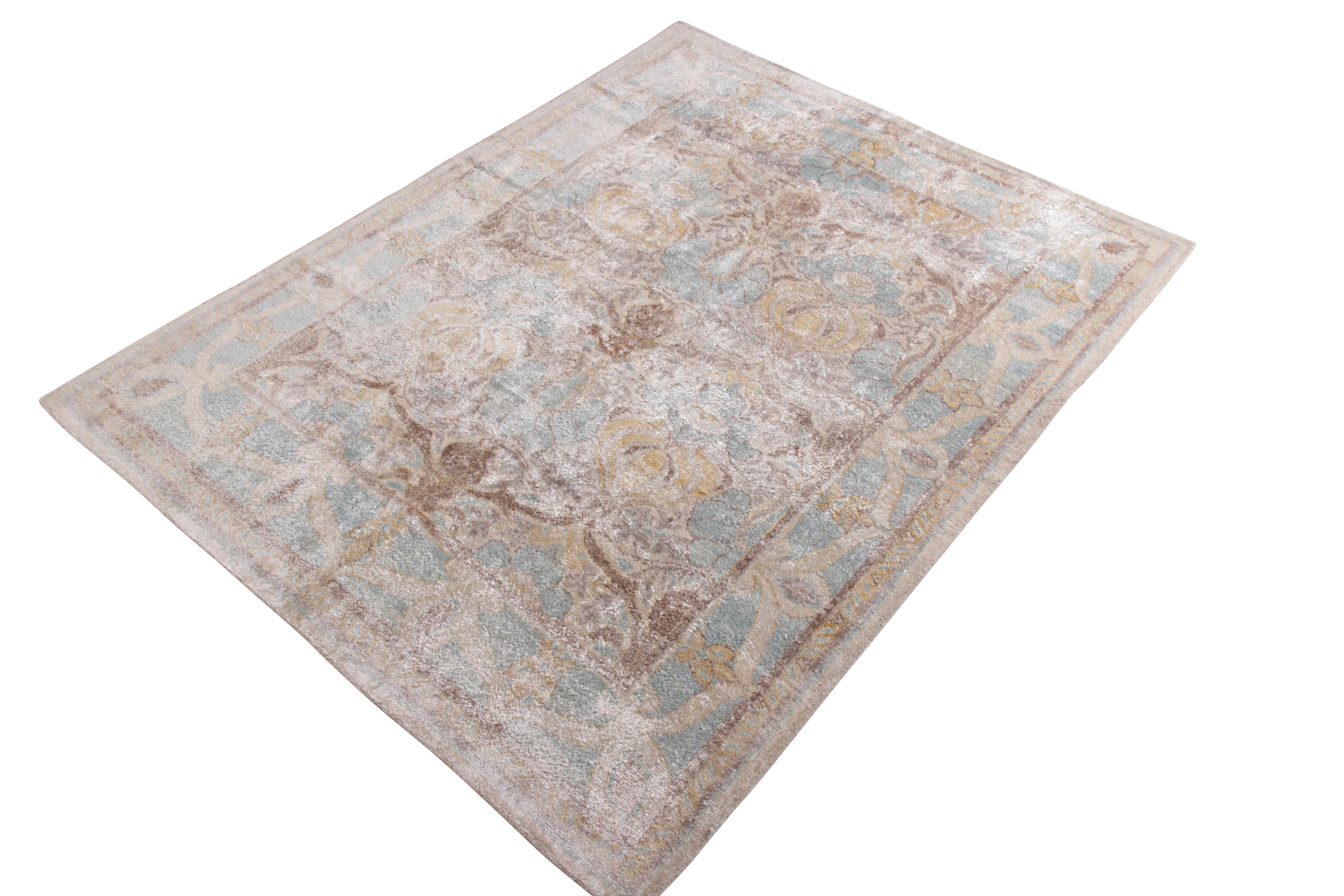 Modern Rug & Kilim’s Oushak Style Rug in Blue and Beige-Brown Floral Pattern For Sale
