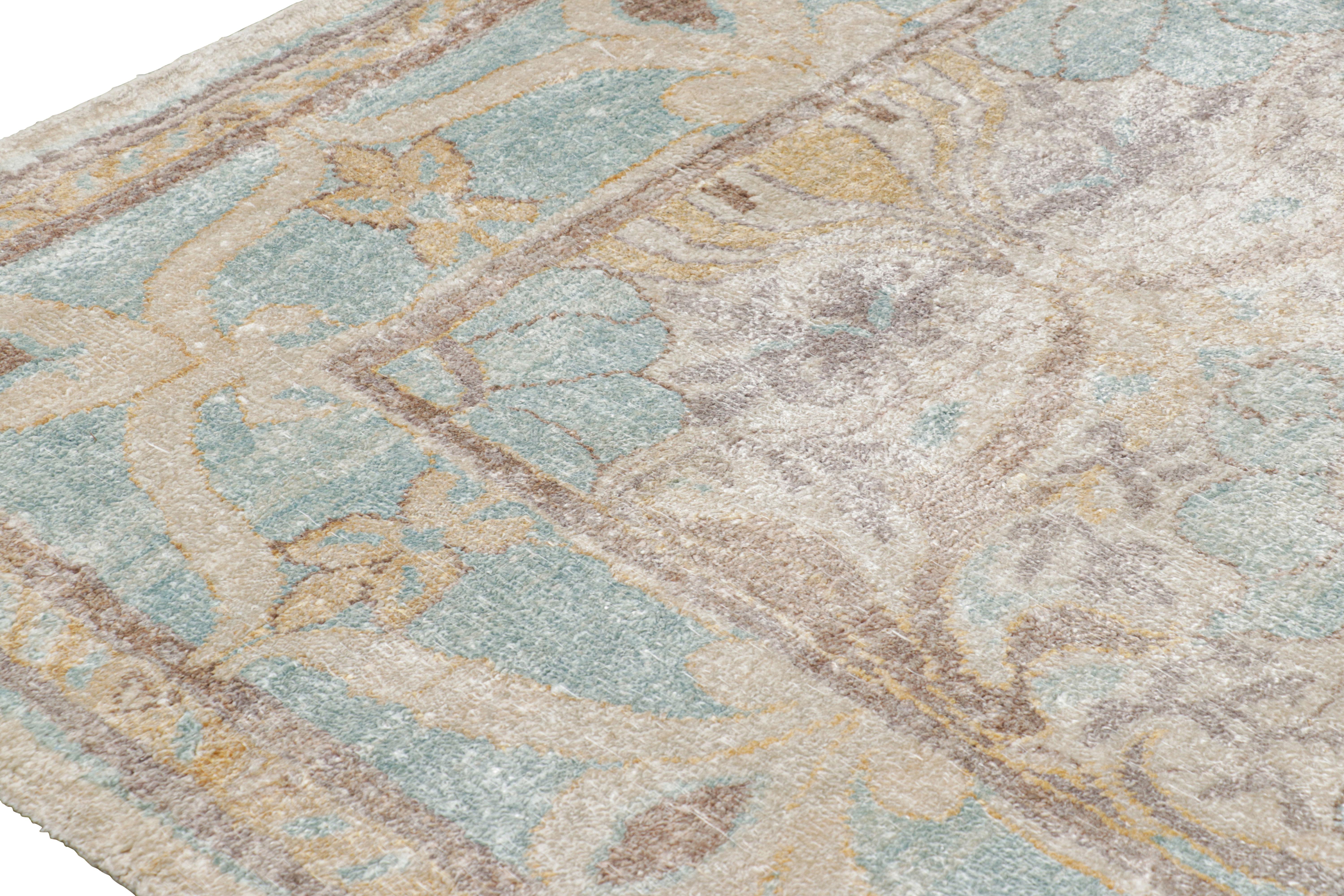 Modern Rug & Kilim’s Oushak Style Rug in Blue and Beige-Brown with Floral Patterns For Sale