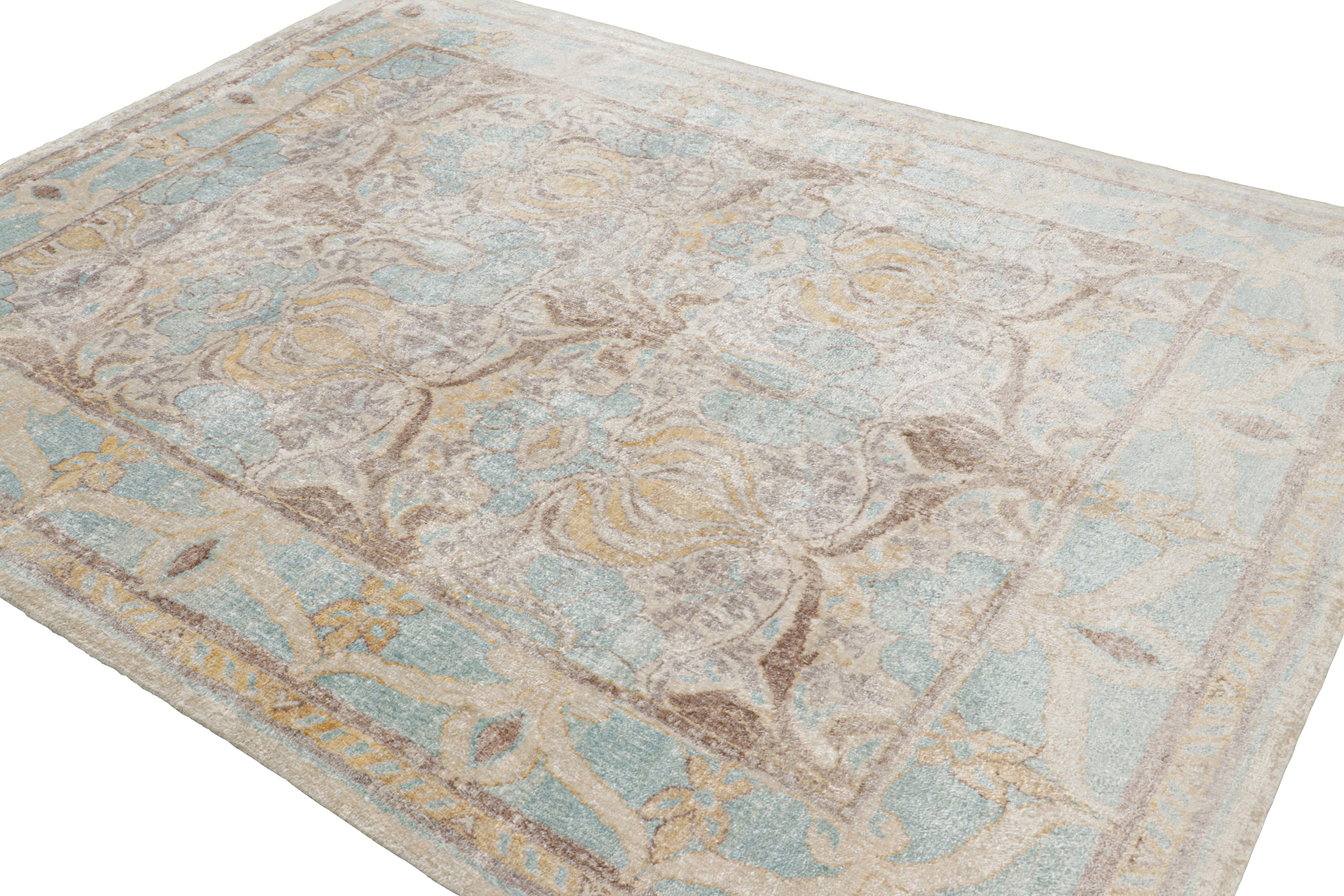 Indian Rug & Kilim’s Oushak Style Rug in Blue and Beige-Brown with Floral Patterns For Sale