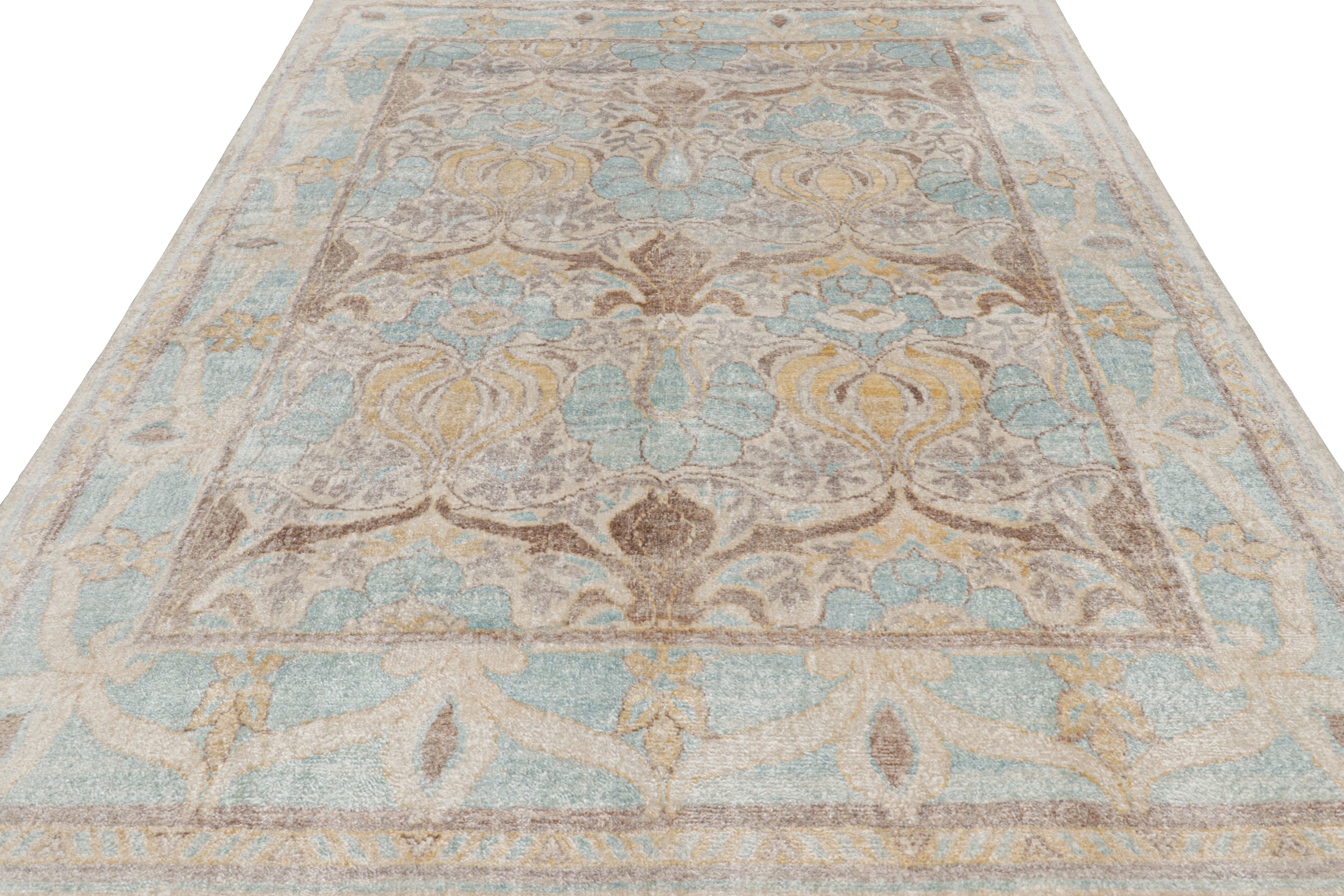 Hand-Knotted Rug & Kilim’s Oushak Style Rug in Blue and Beige-Brown with Floral Patterns For Sale