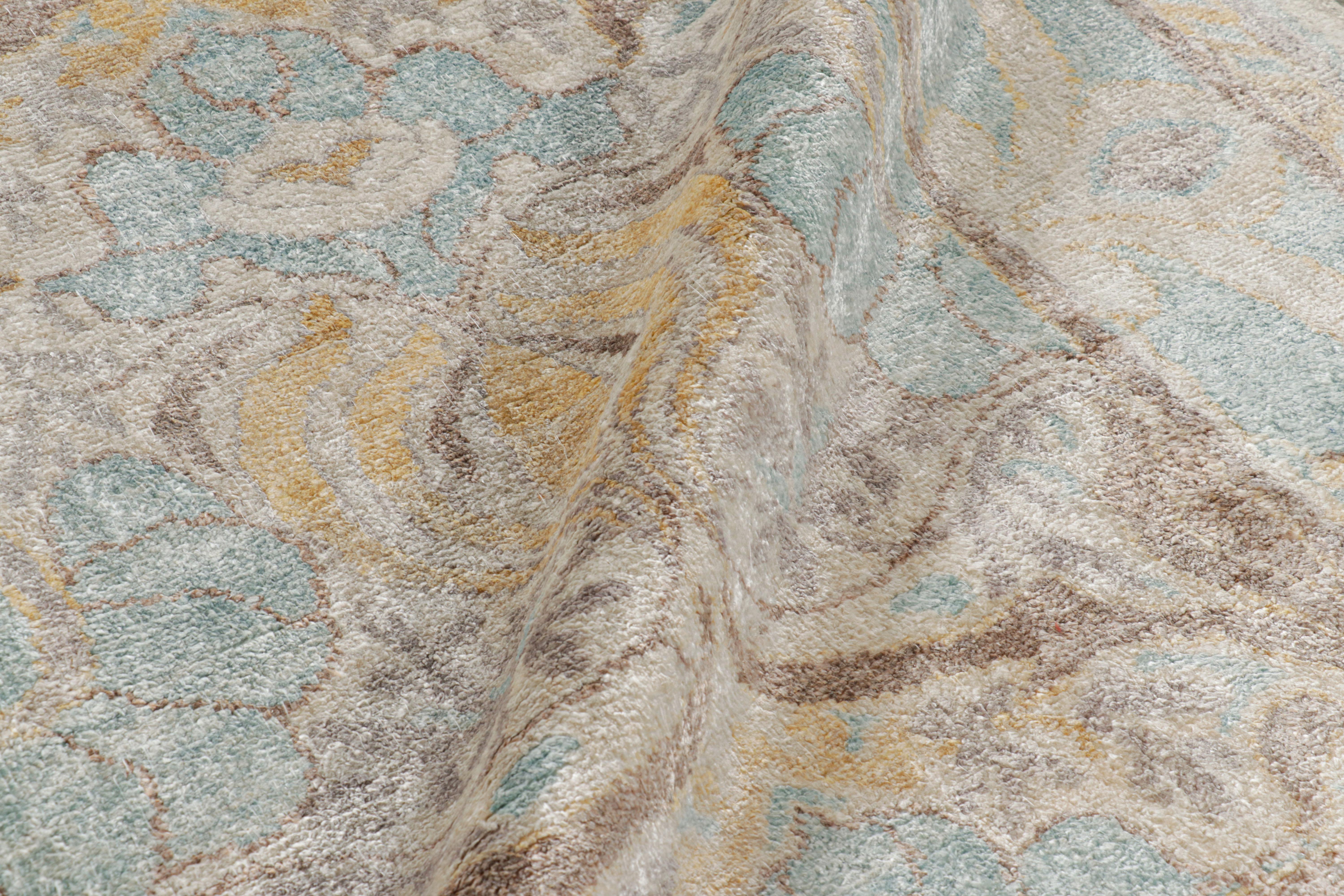 Contemporary Rug & Kilim’s Oushak Style Rug in Blue and Beige-Brown with Floral Patterns For Sale