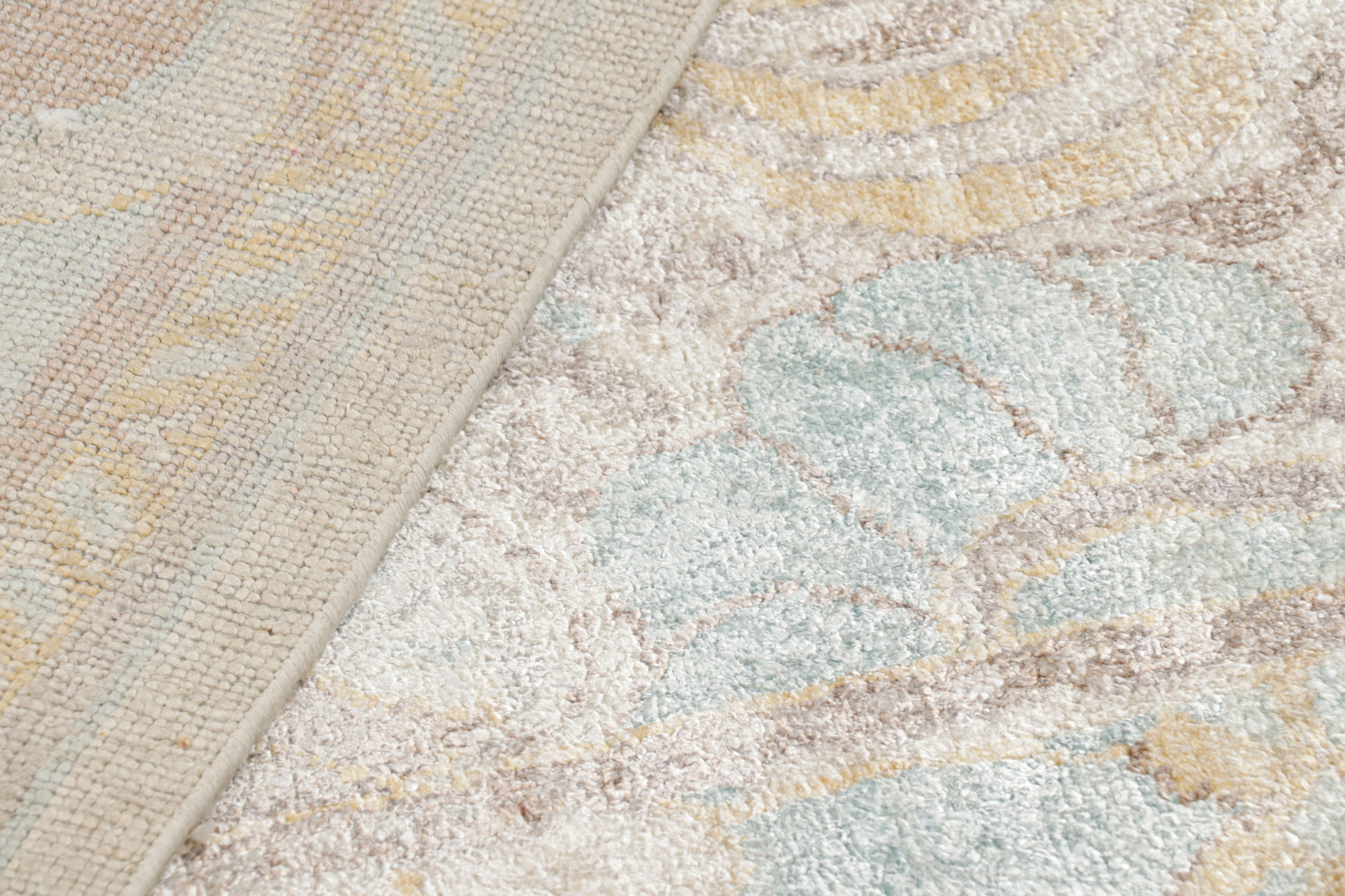 Silk Rug & Kilim’s Oushak Style Rug in Blue and Beige-Brown with Floral Patterns For Sale