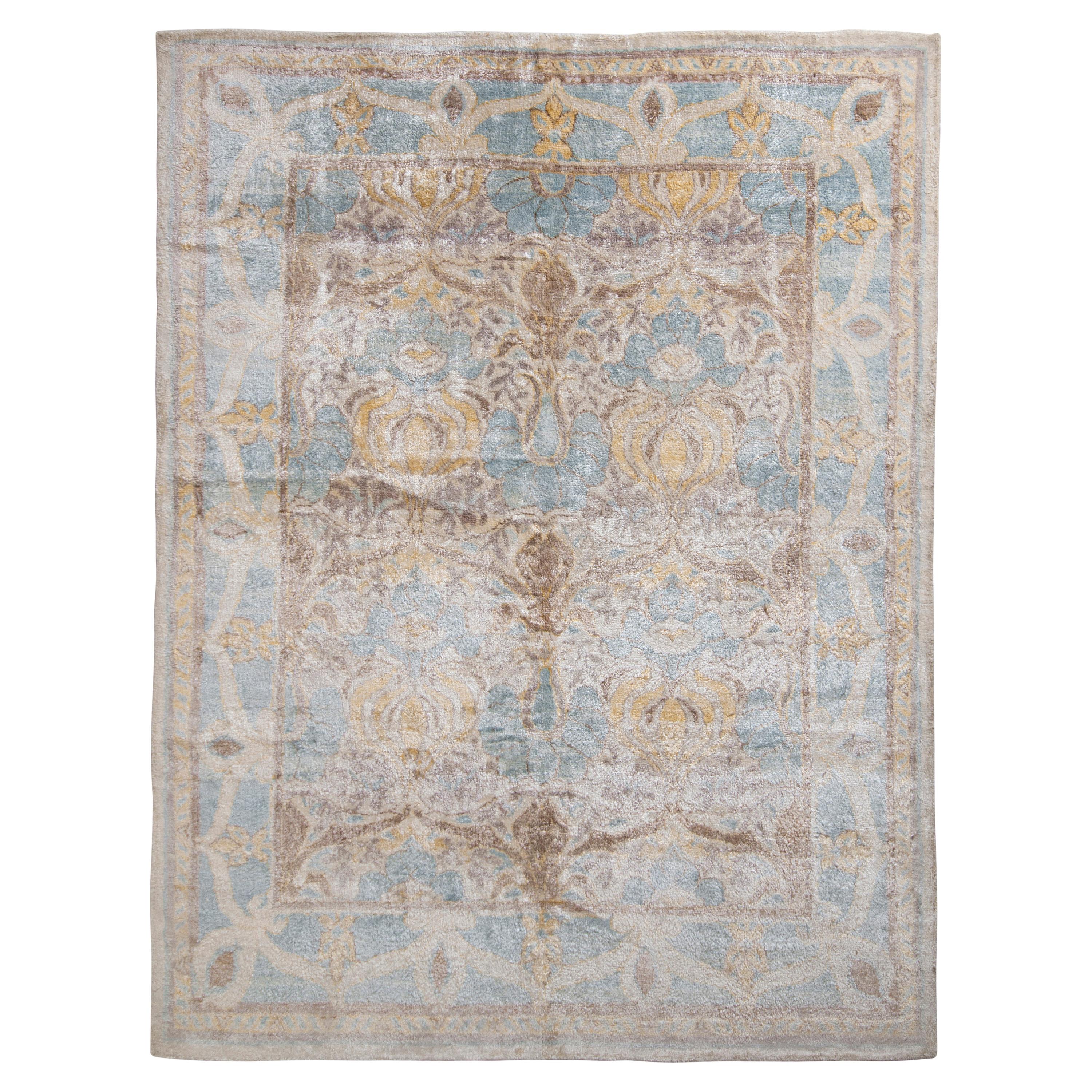 Rug & Kilim’s Oushak Style Rug in Blue and Beige-Brown Floral Pattern For Sale