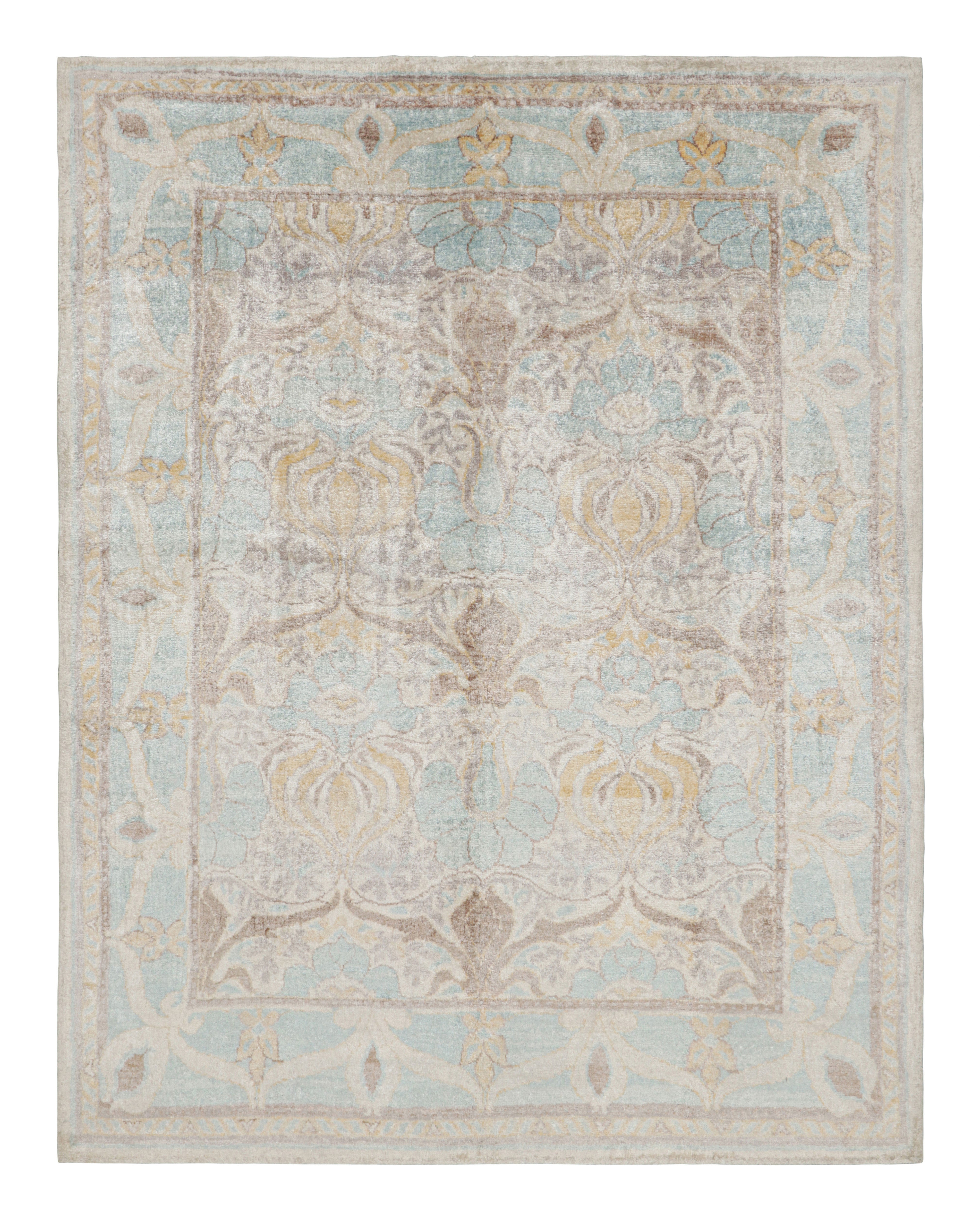 Rug & Kilim’s Oushak Style Rug in Blue and Beige-Brown with Floral Patterns