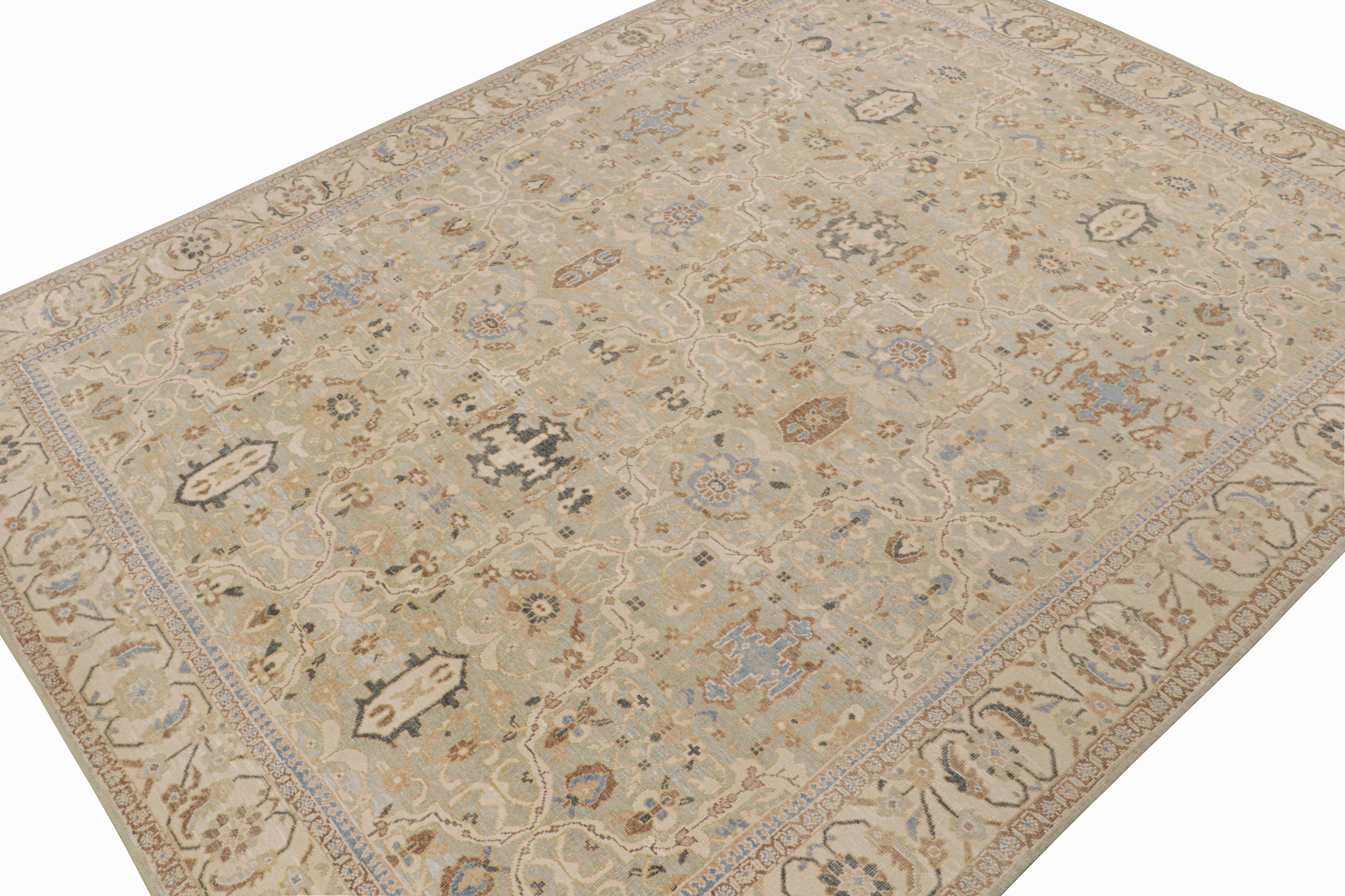 This 12x15 rug is inspired by antique Oushak rugs—from a bold new Modern Classics Collection by Rug & Kilim. Hand-knotted in silk, it enjoys beige and blue undertones with teal and brown floral patterns. 

On the Design:

This new line is made with