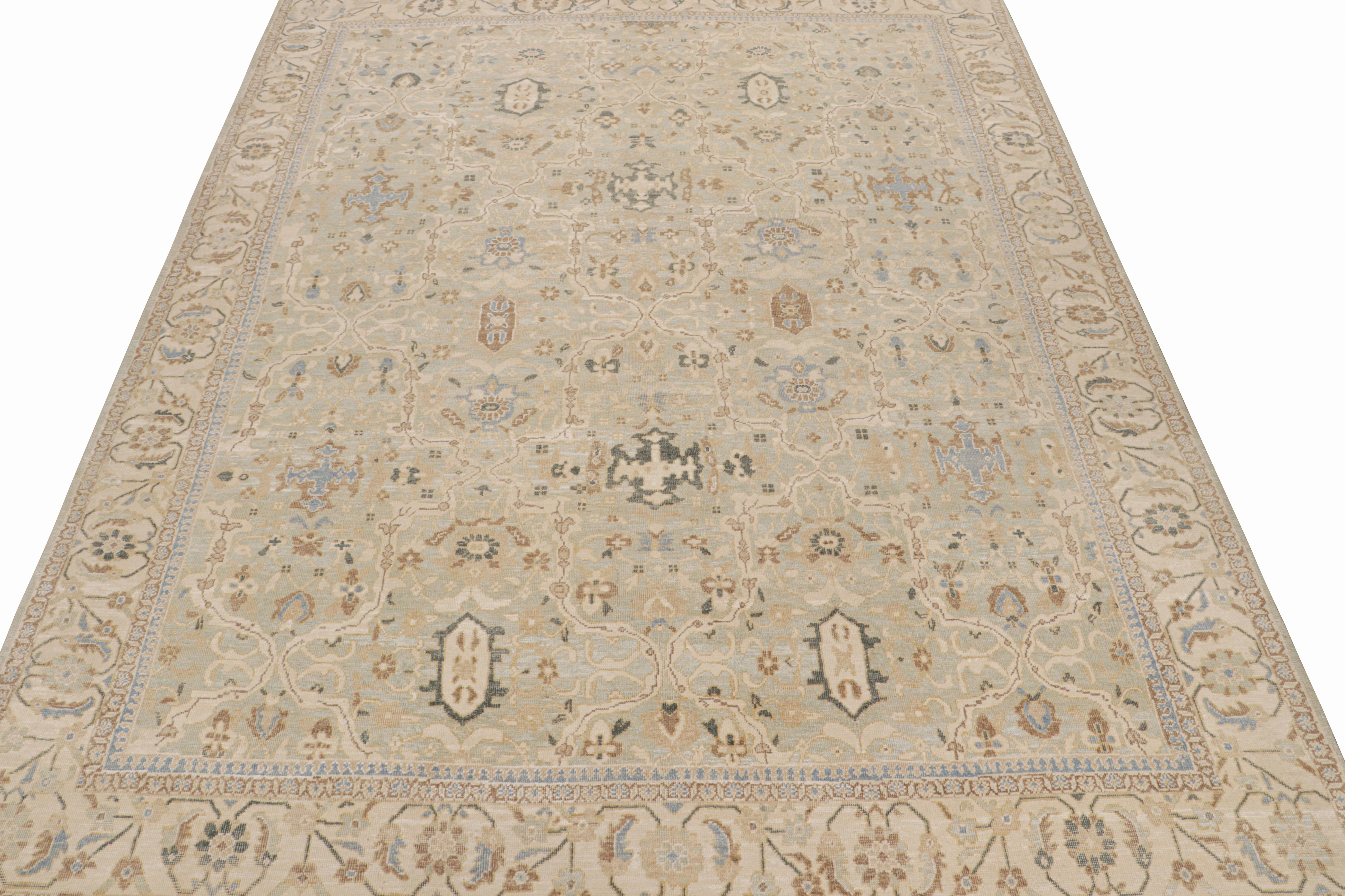 Indian Rug & Kilim’s Oushak Style Rug in Blue and Beige-Brown Floral Patterns For Sale