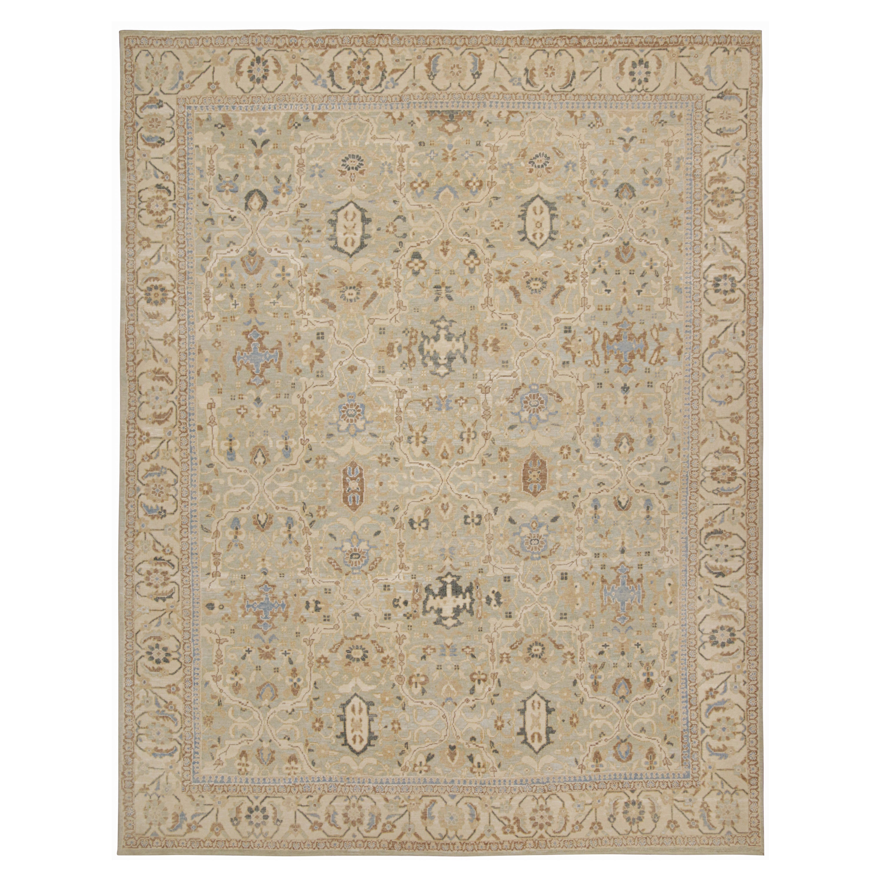 Rug & Kilim’s Oushak Style Rug in Blue and Beige-Brown Floral Patterns For Sale