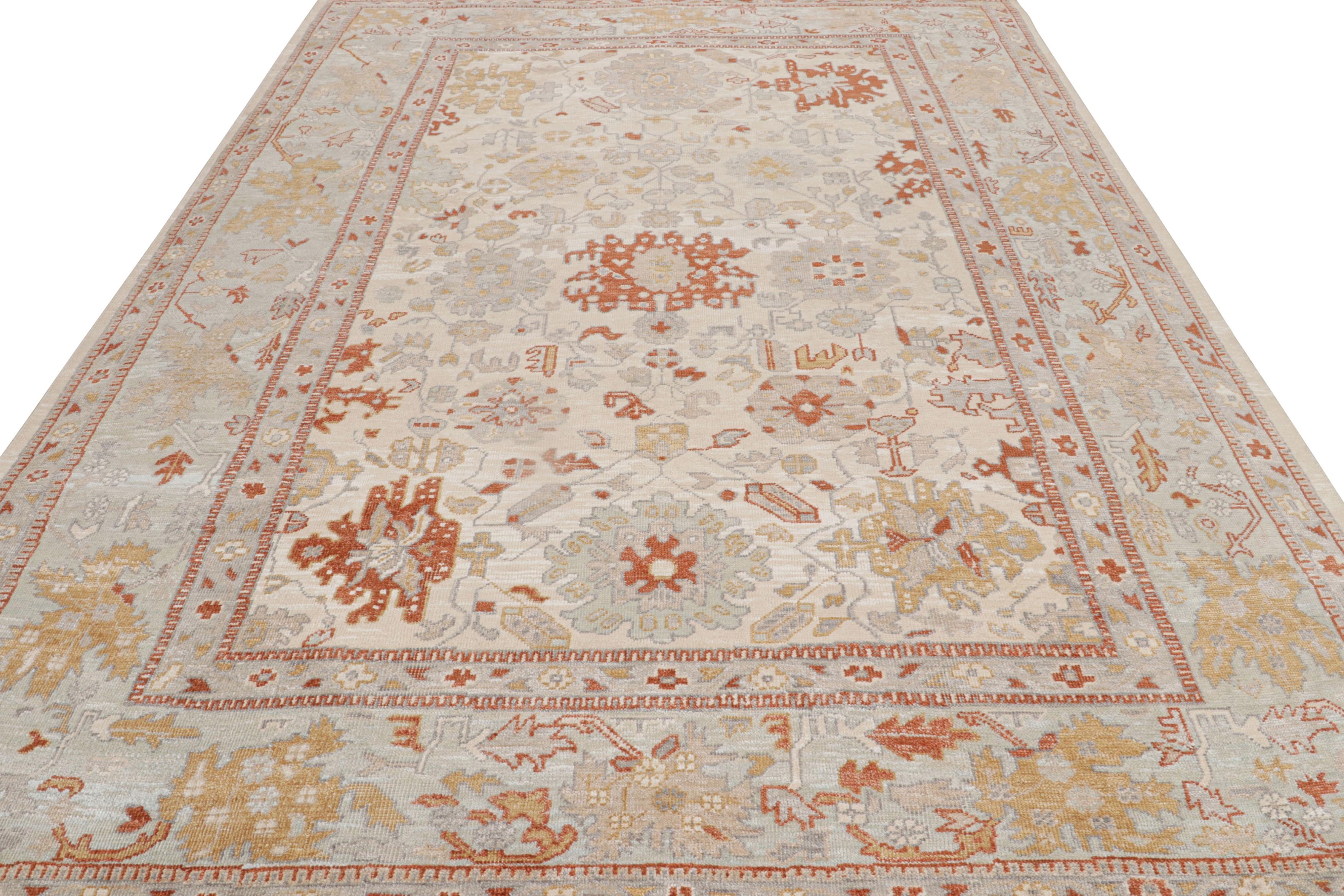 Modern Rug & Kilim’s Oushak Style Rug In Blue, Beige and Red with Floral Pattern For Sale