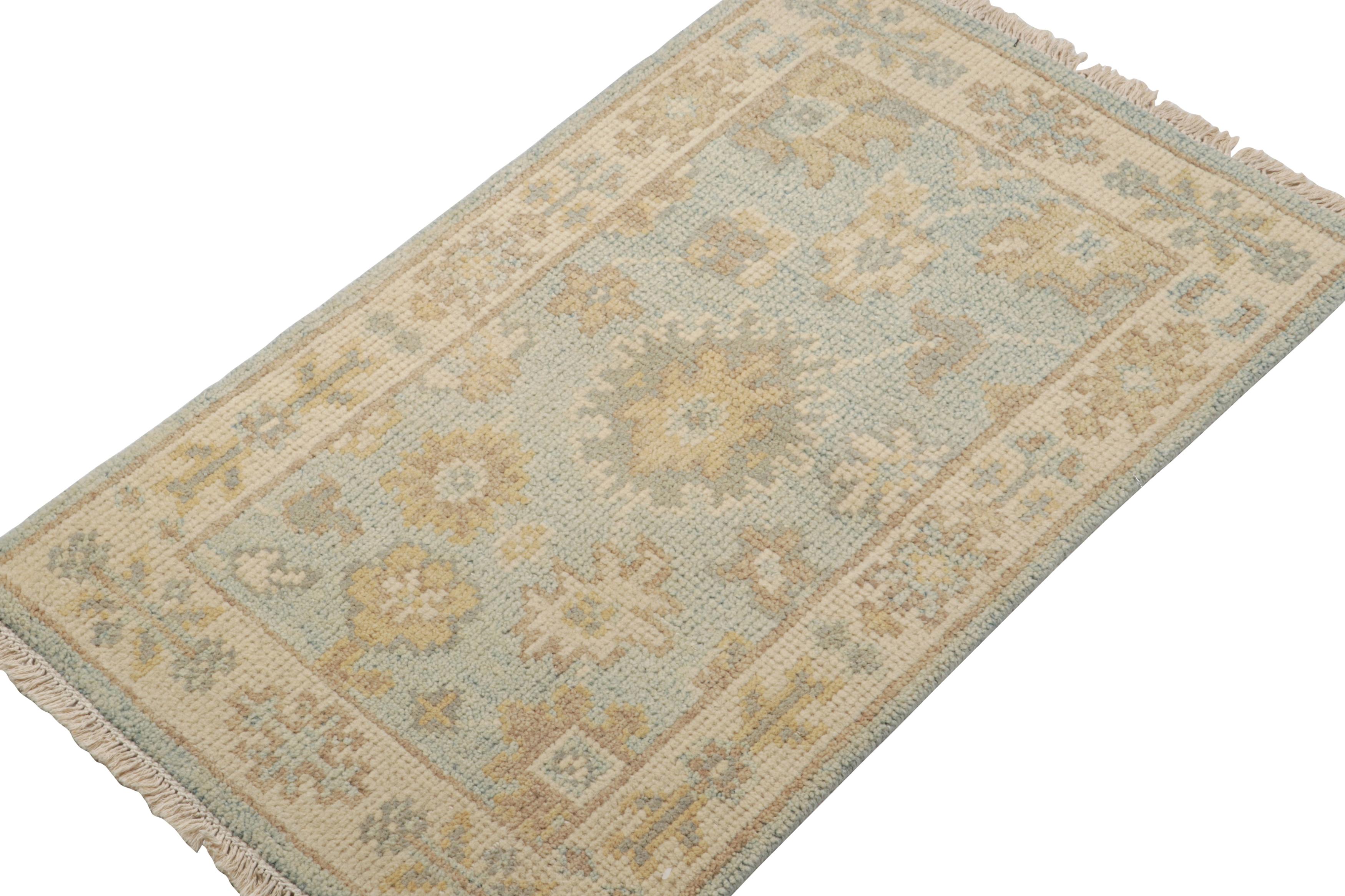 Hand-knotted in wool,  this 2x3 accent rug hails from a new unveiling of gift-sized rugs in the Oushak line of the Modern Classics collection by Rug & Kilim.

On the Design:

Inspired by titular classic rug style, this design enjoys sky blue with