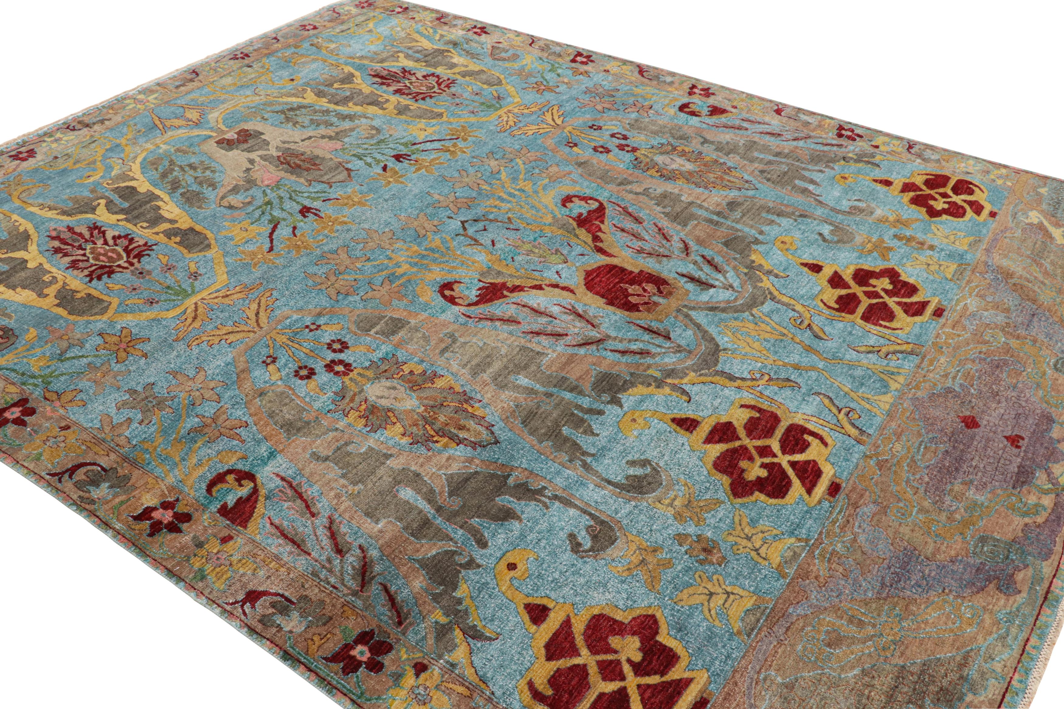 Indian Rug & Kilim’s Oushak Style Rug in Blue with Polychromatic Floral Patterns For Sale