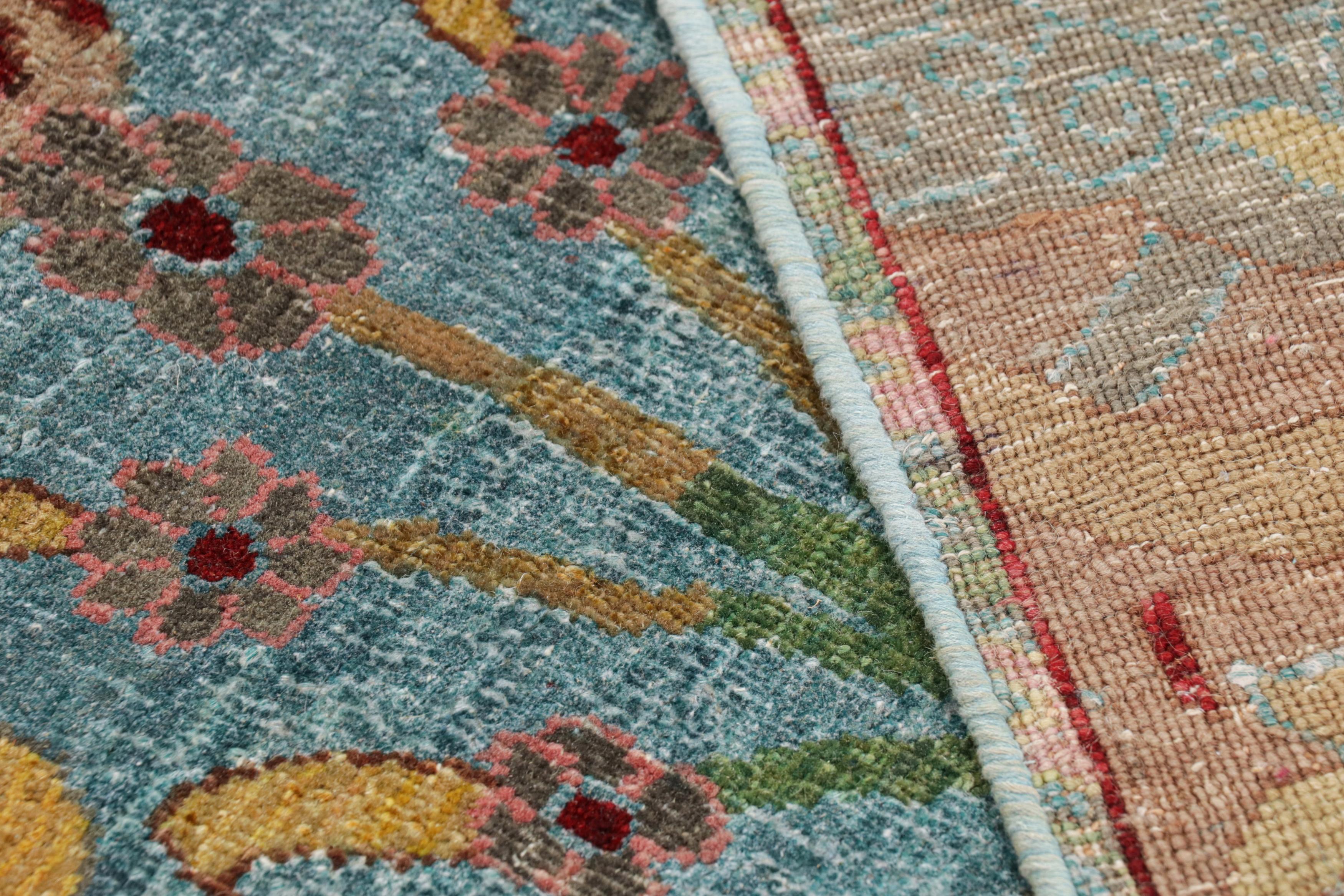 Contemporary Rug & Kilim’s Oushak Style Rug in Blue with Polychromatic Floral Patterns For Sale