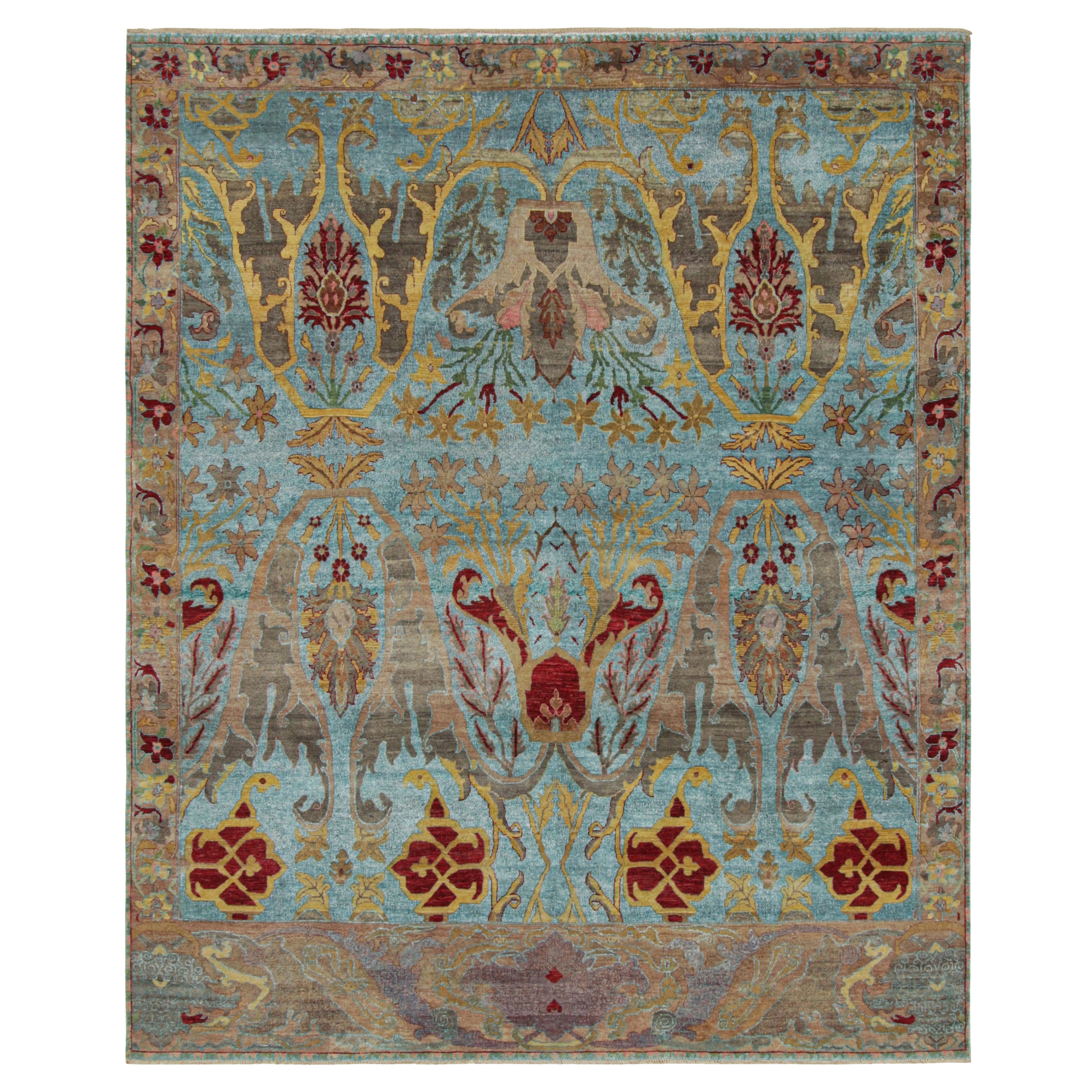 Oushak-Teppich von Rug & Kilim in Blau mit mehrfarbigen Blumenmustern im Angebot