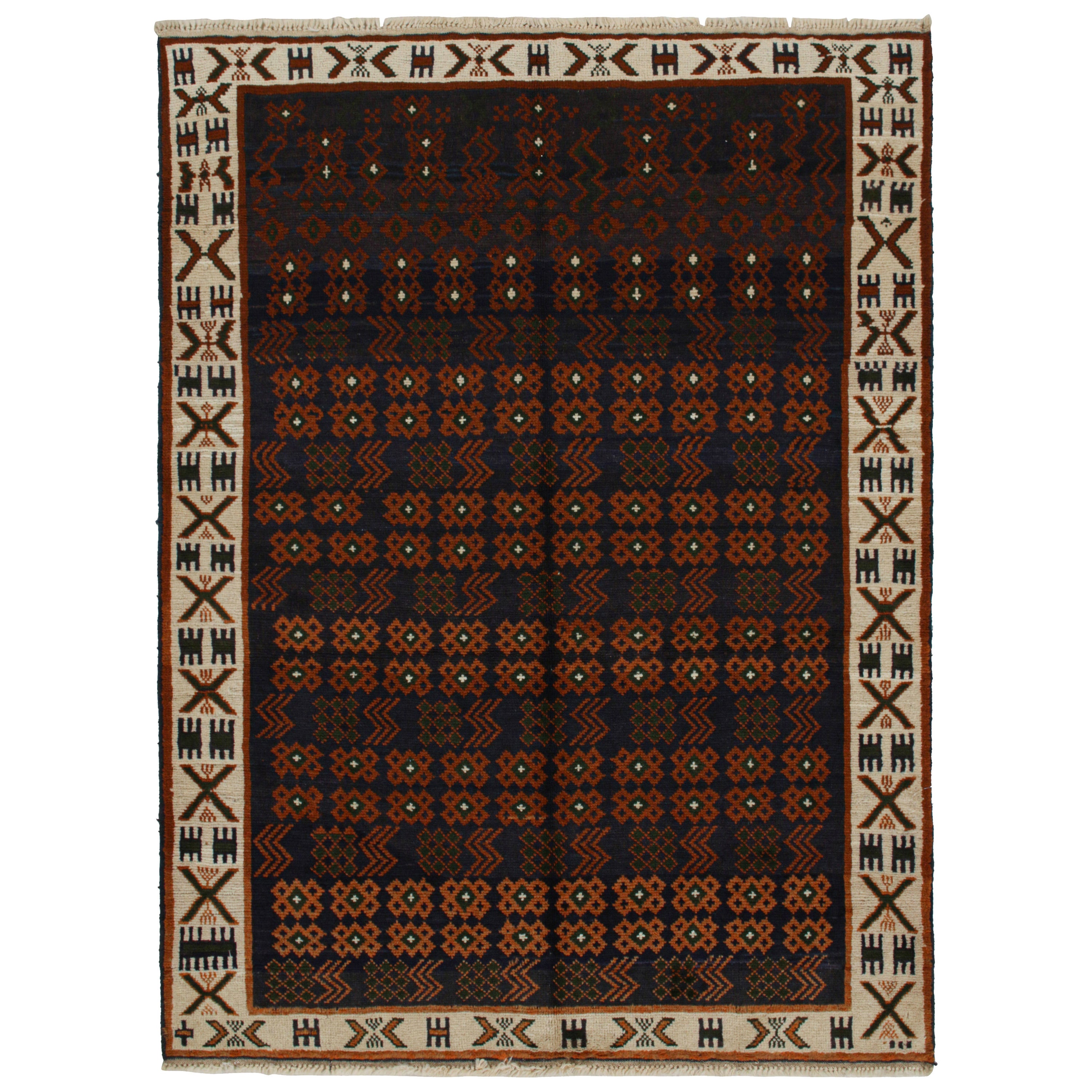 Rug & Kilim’s Oushak style rug in Blue with Rust Orange Geometric Patterns  For Sale