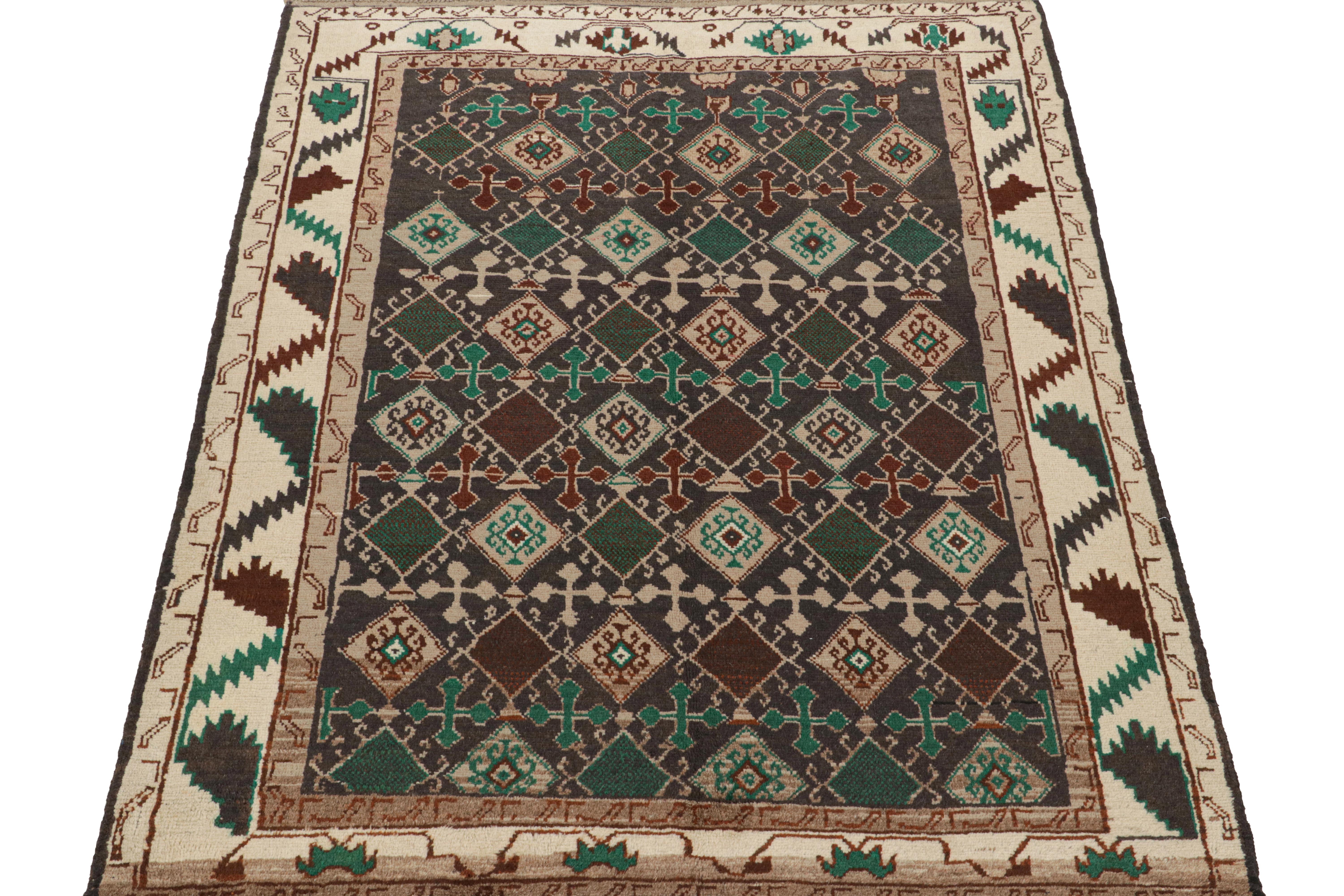 Tribal Rug & Kilim’s Oushak style rug in Brown with Green Geometric Patterns For Sale