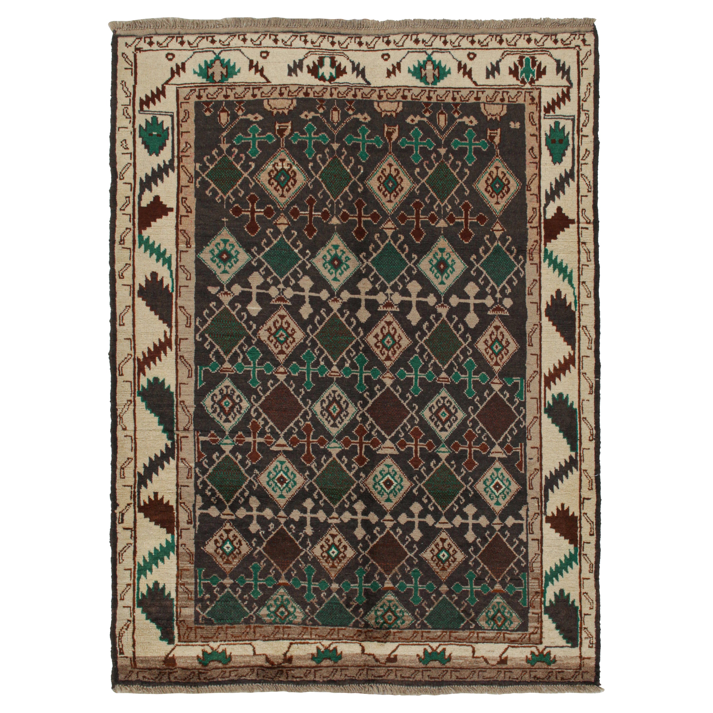 Rug & Kilim’s Oushak style rug in Brown with Green Geometric Patterns For Sale