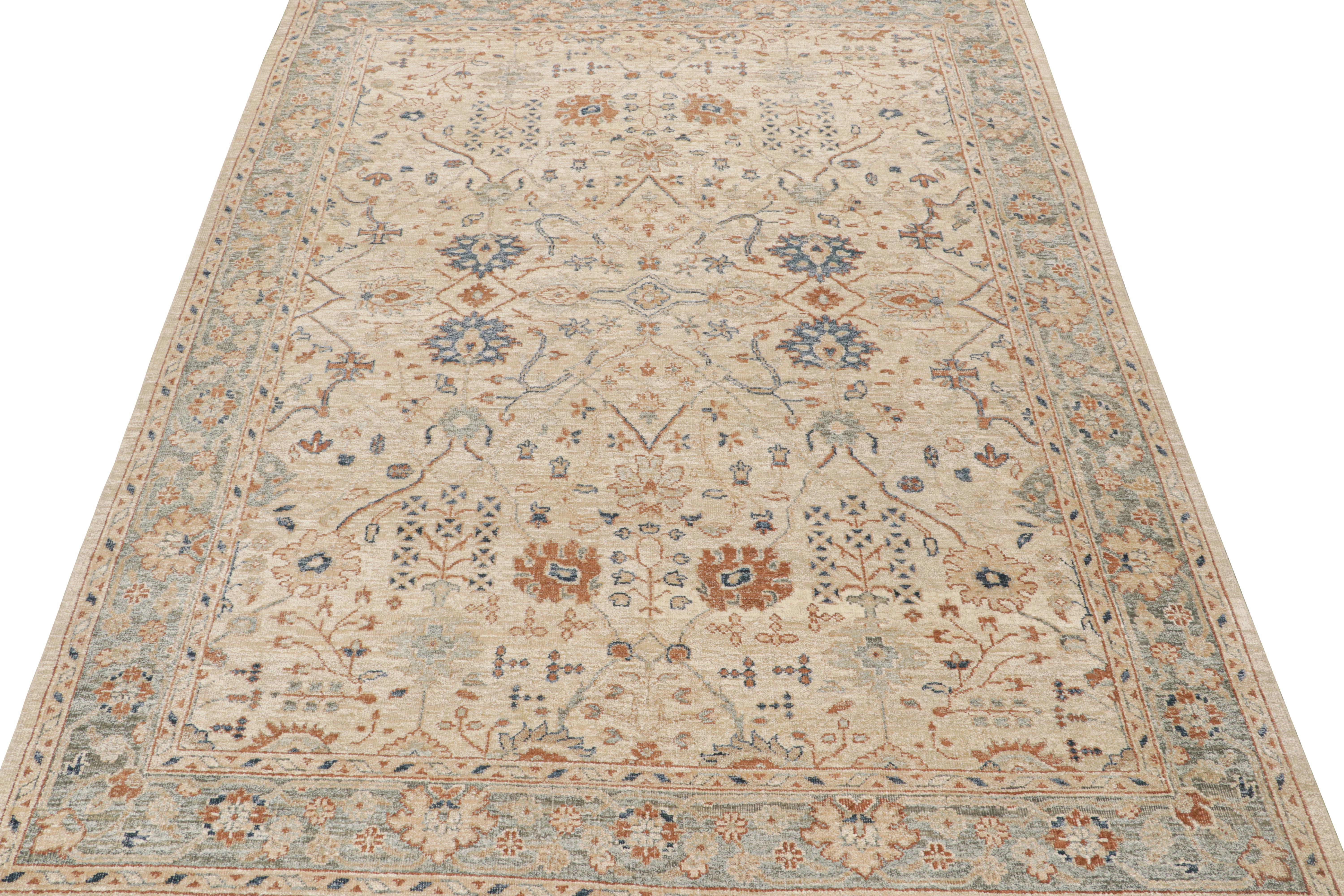 Indian Rug & Kilim’s Oushak Style Rug in Cream, Blue, Beige-Brown Geometric Patterns For Sale