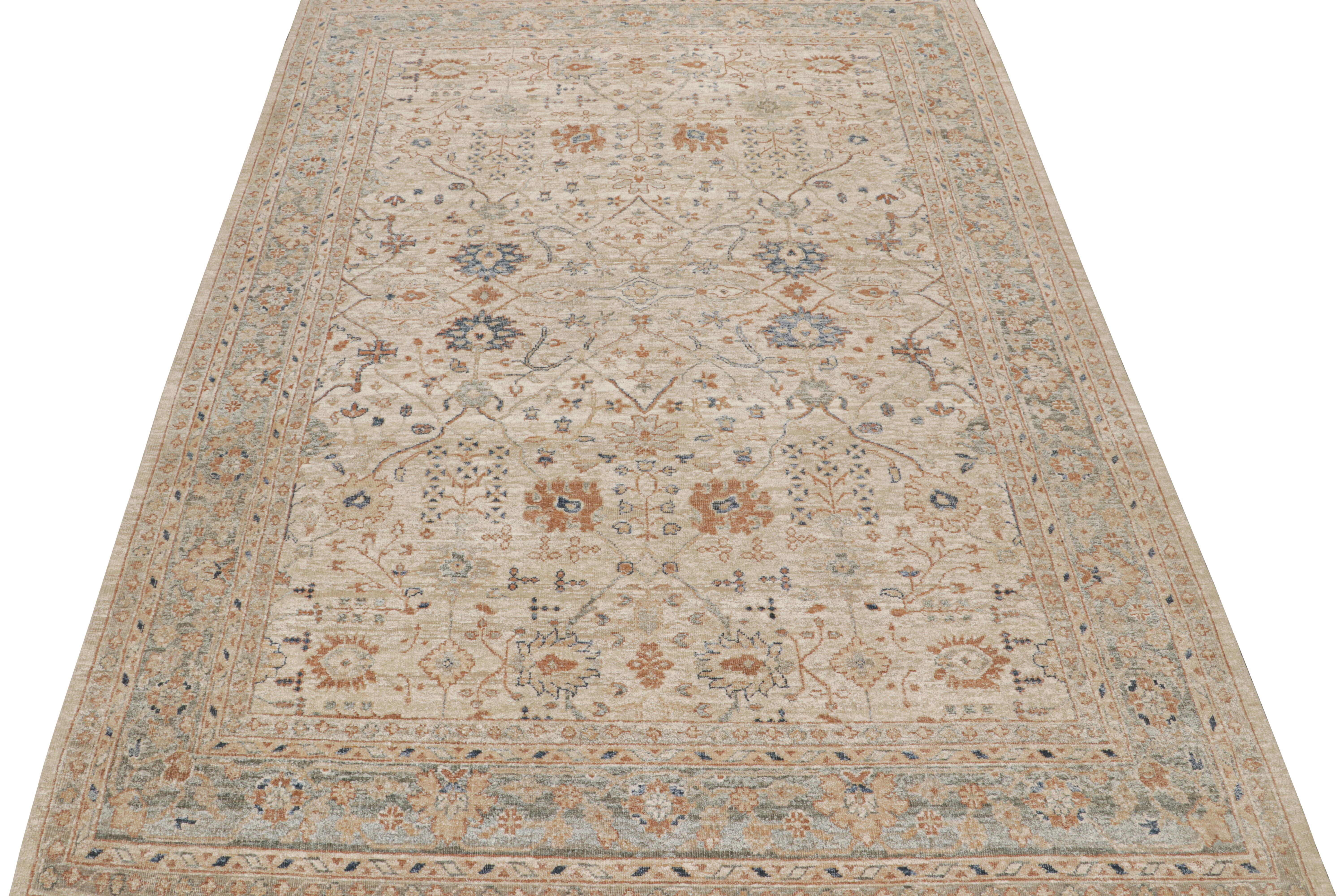 Indian Rug & Kilim’s Oushak Style Rug in Cream, Blue, Beige-Brown Geometric Patterns For Sale