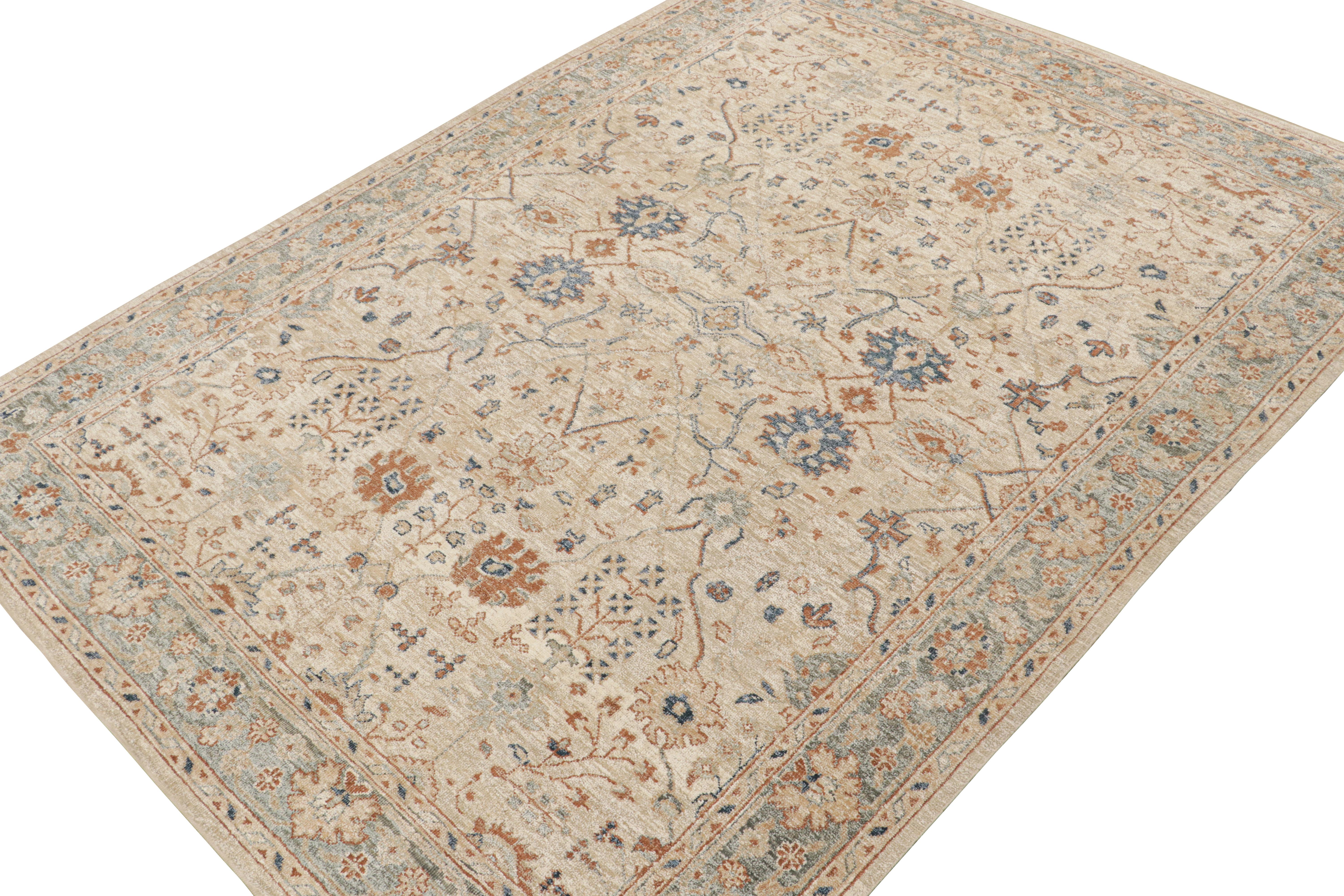 Noué à la main Tapis Oushak de Rug & Kilim à motifs géométriques crème, bleu, beige et marron en vente