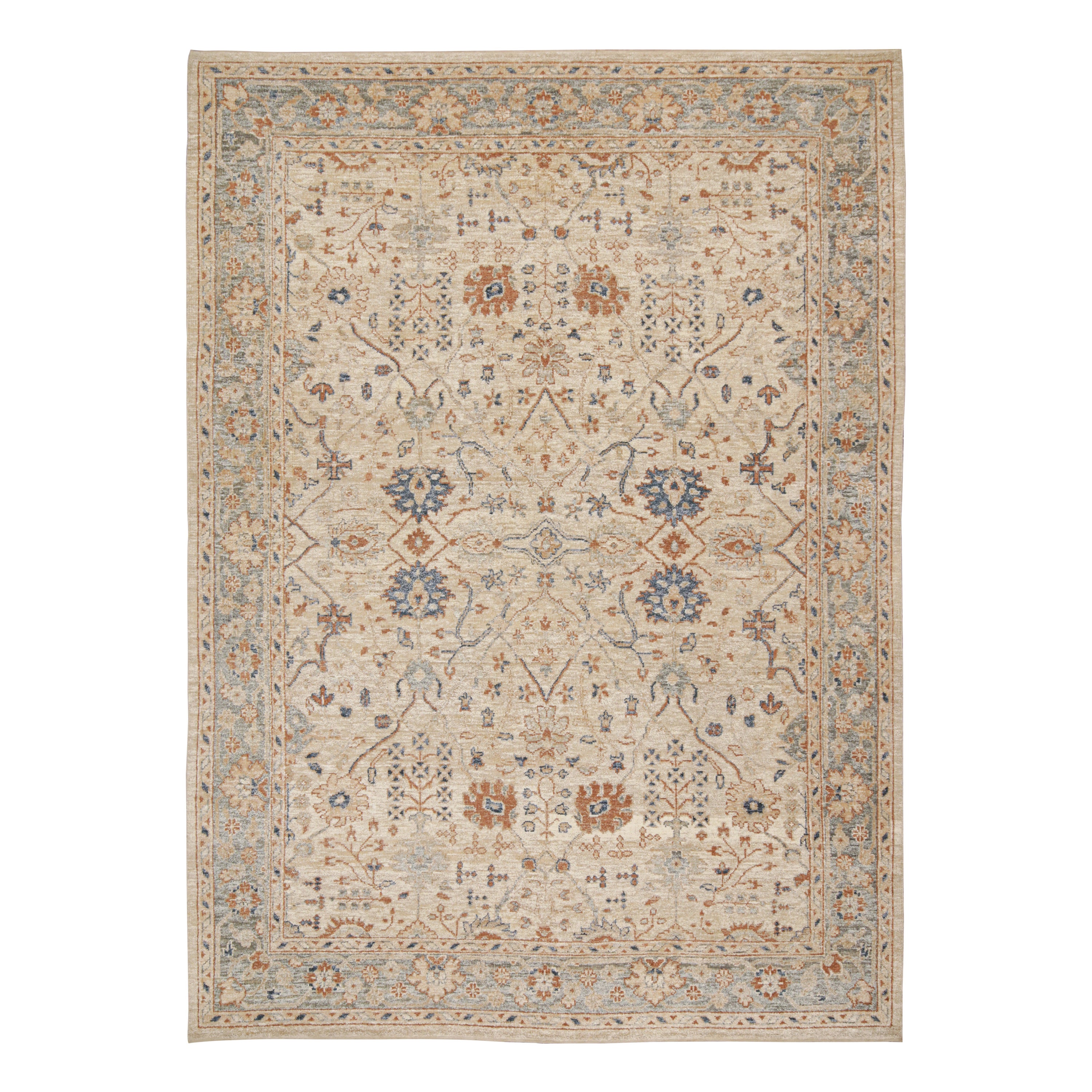 Rug & Kilim’s Oushak Style Rug in Cream, Blue, Beige-Brown Geometric Patterns For Sale