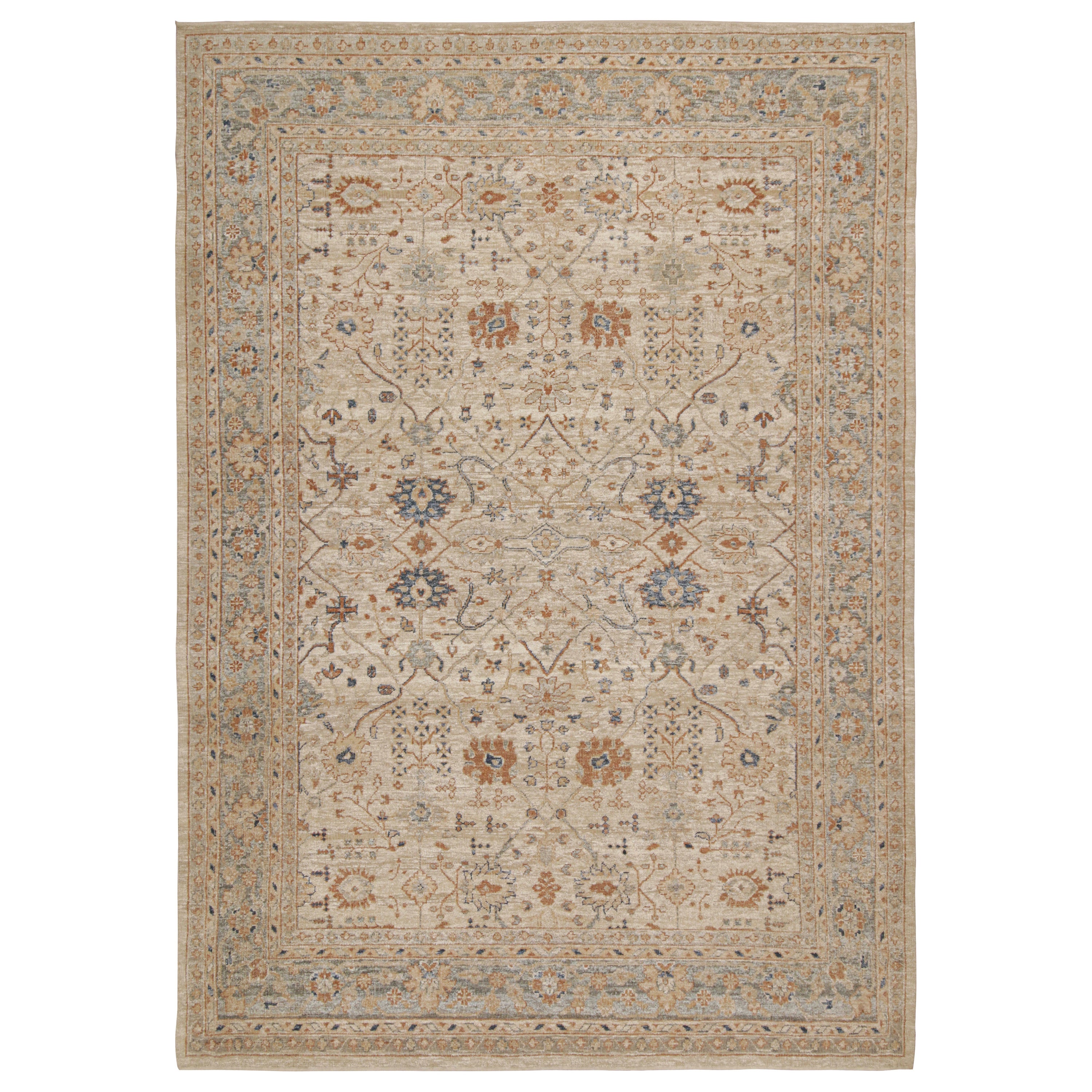 Rug & Kilim’s Oushak Style Rug in Cream, Blue, Beige-Brown Geometric Patterns For Sale