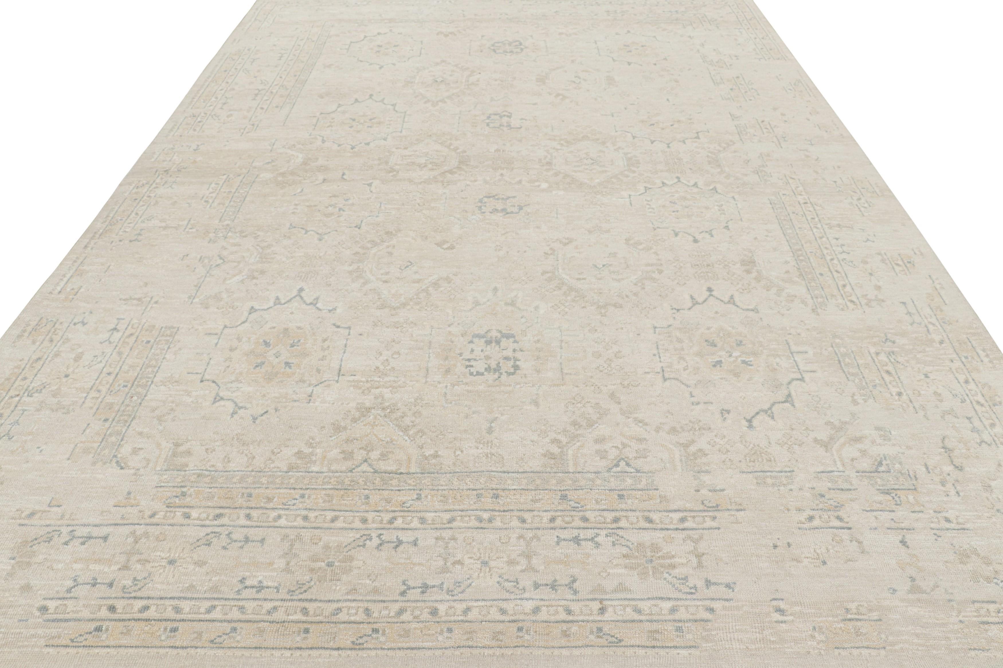 Hand-Knotted Rug & Kilim’s Oushak Style Rug in Cream White and Blue with Floral Patterns For Sale
