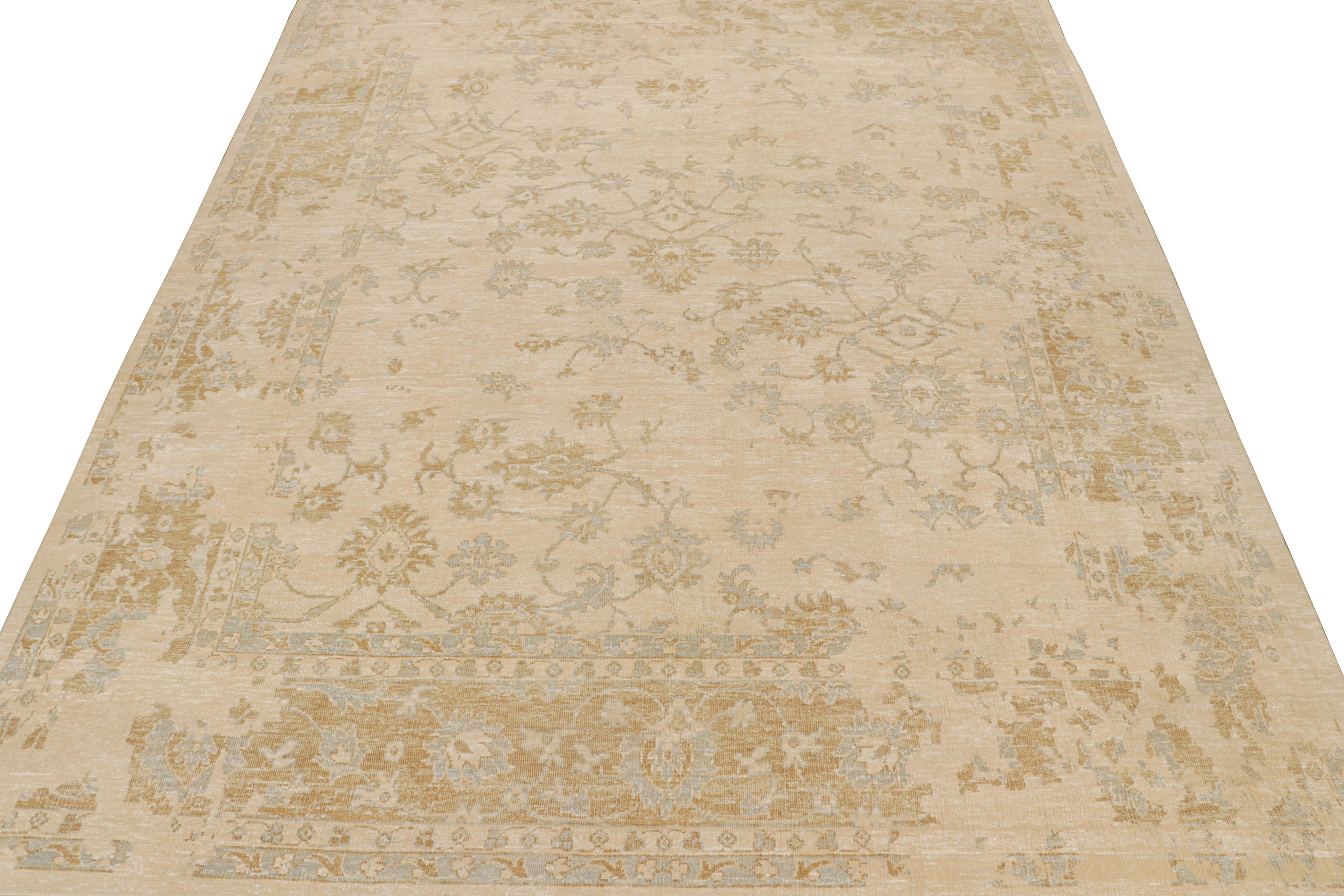 Indian Rug & Kilim’s Oushak Style Rug in Cream with Gold and Blue Floral Patterns For Sale