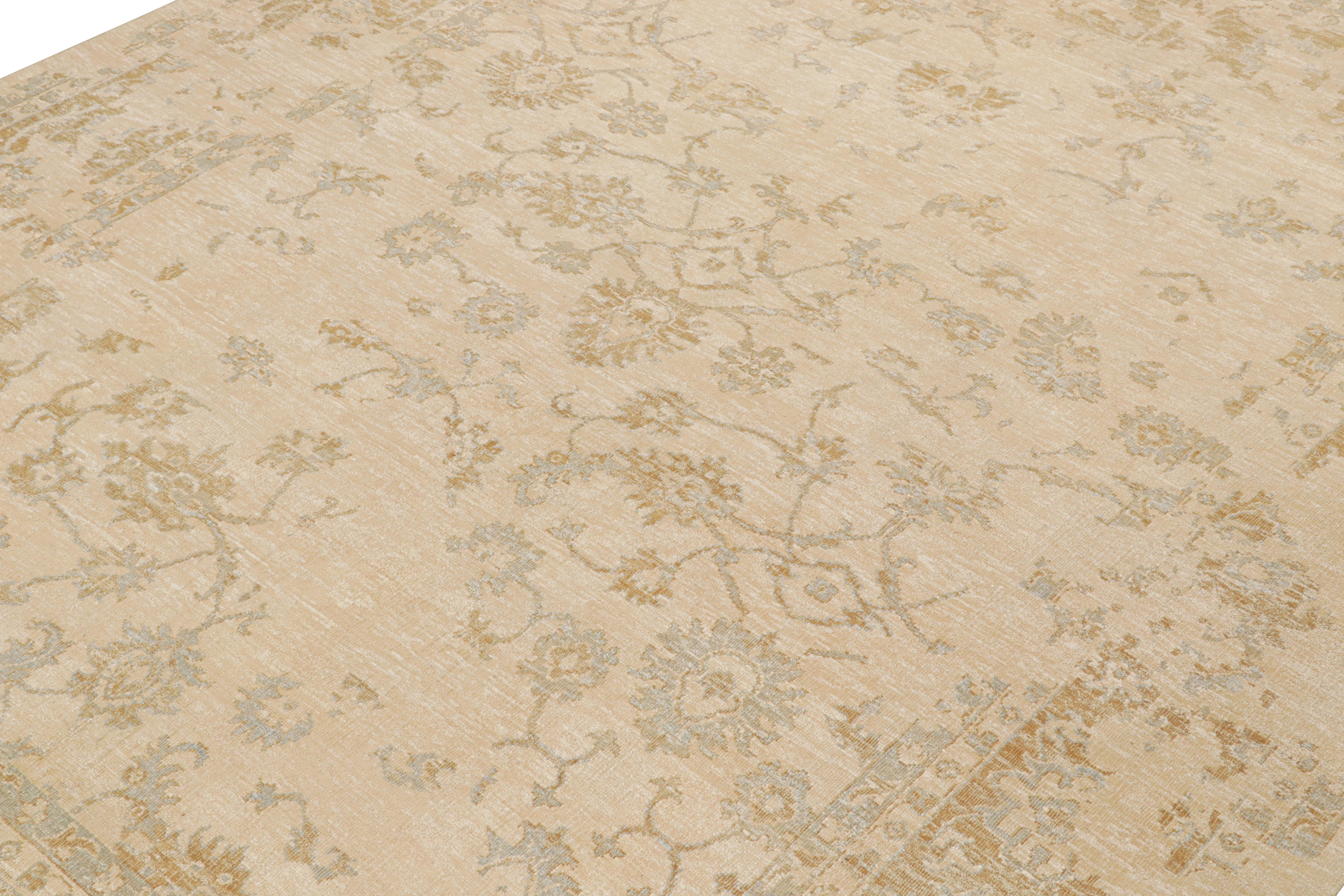 Hand-Knotted Rug & Kilim’s Oushak Style Rug in Cream with Gold and Blue Floral Patterns For Sale