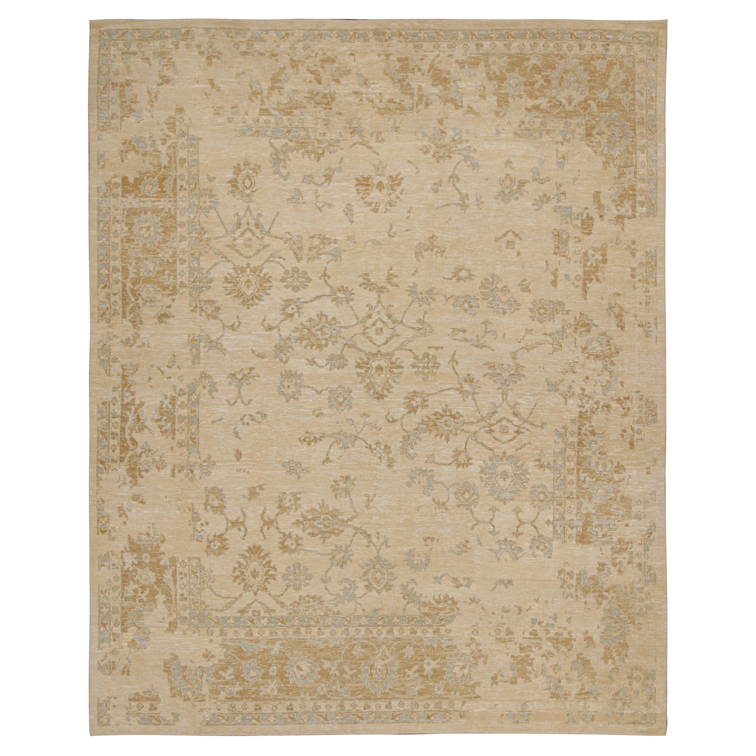 Rug & Kilim’s Oushak Style Rug in Cream with Gold and Blue Floral Patterns For Sale
