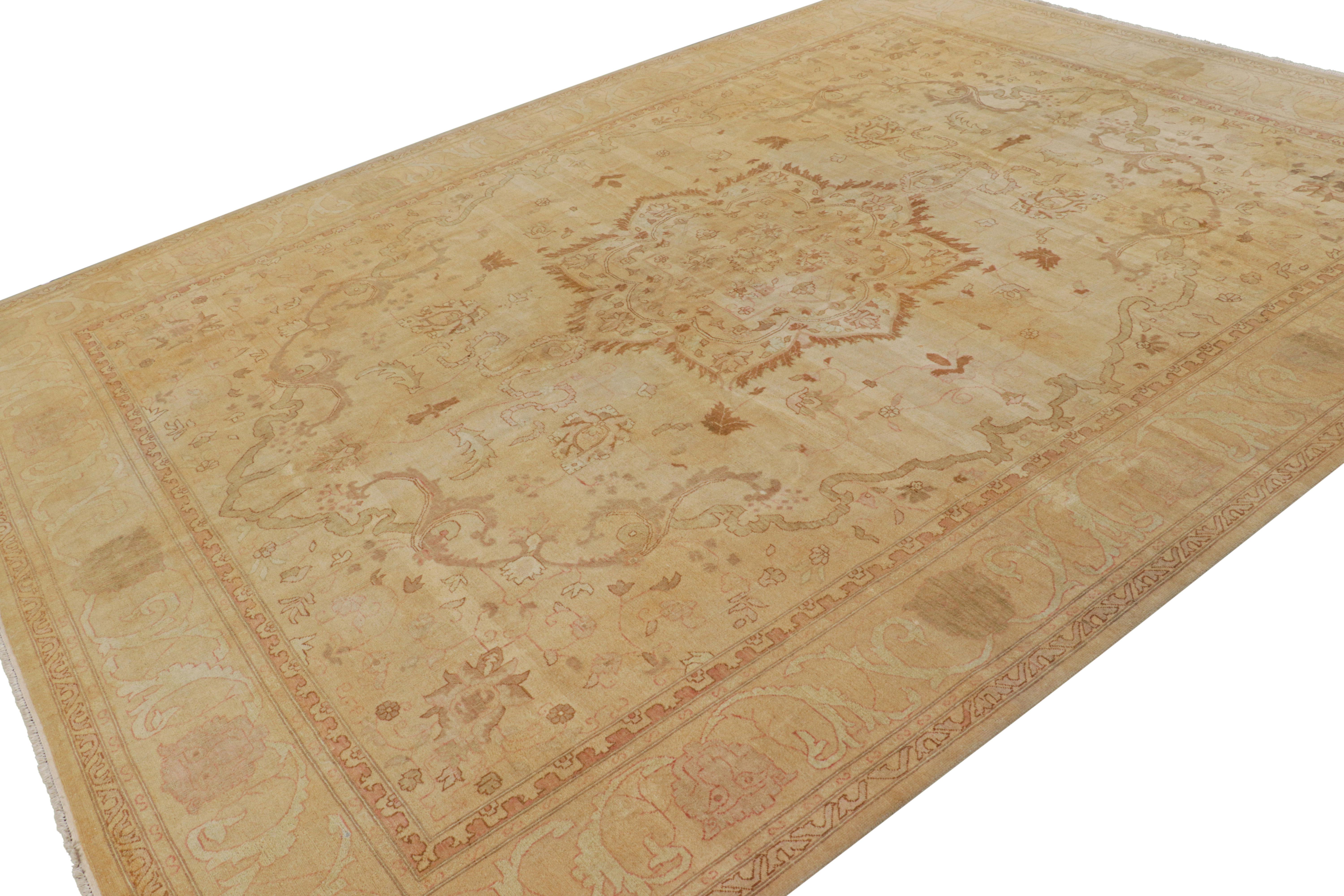 Indian Rug & Kilim’s Oushak Style Rug in Gold and Brown with Floral Medallion For Sale