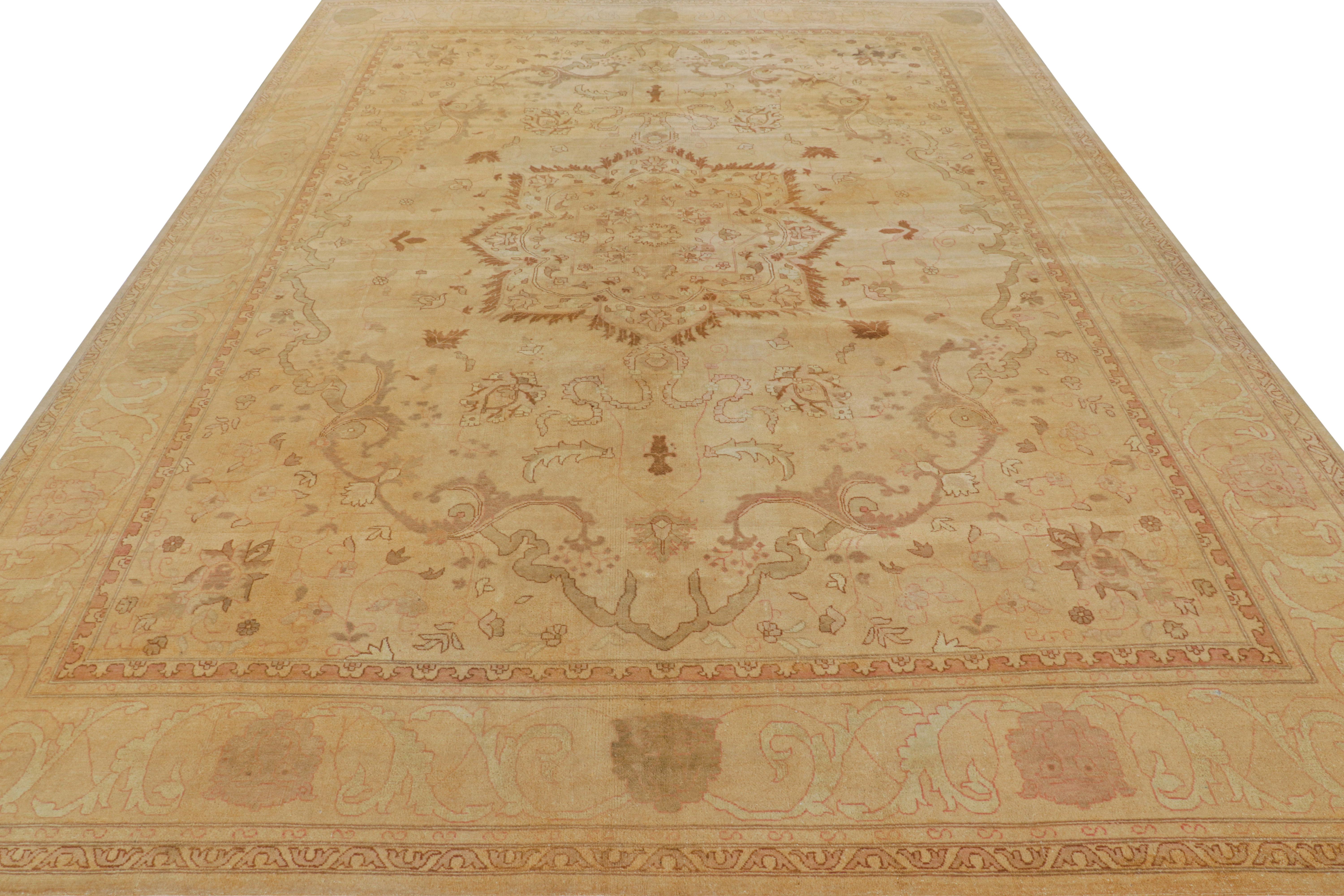 Hand-Knotted Rug & Kilim’s Oushak Style Rug in Gold and Brown with Floral Medallion For Sale
