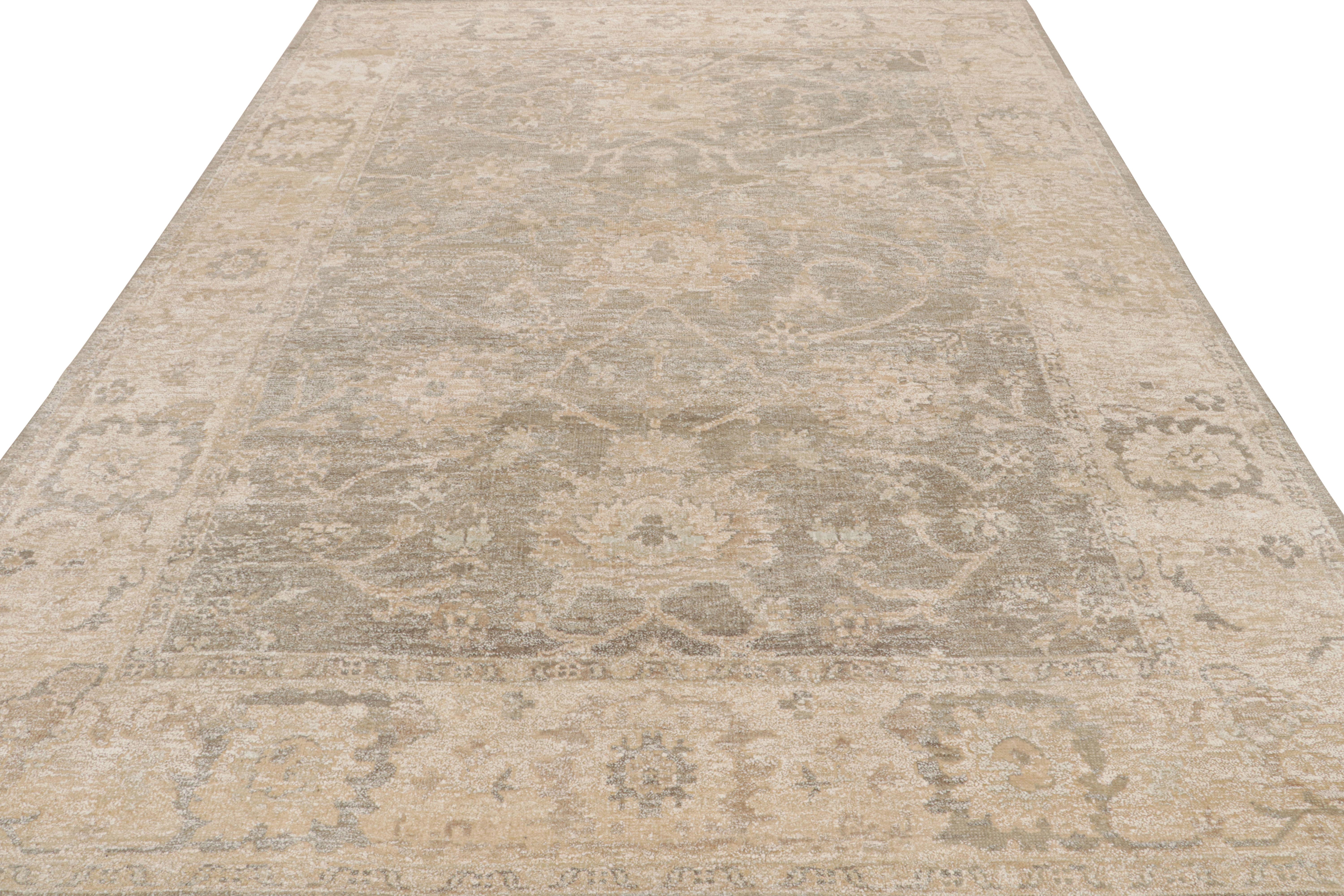 Indian Rug & Kilim’s Oushak Style Rug in Gray and Beige-Brown Floral Patterns For Sale