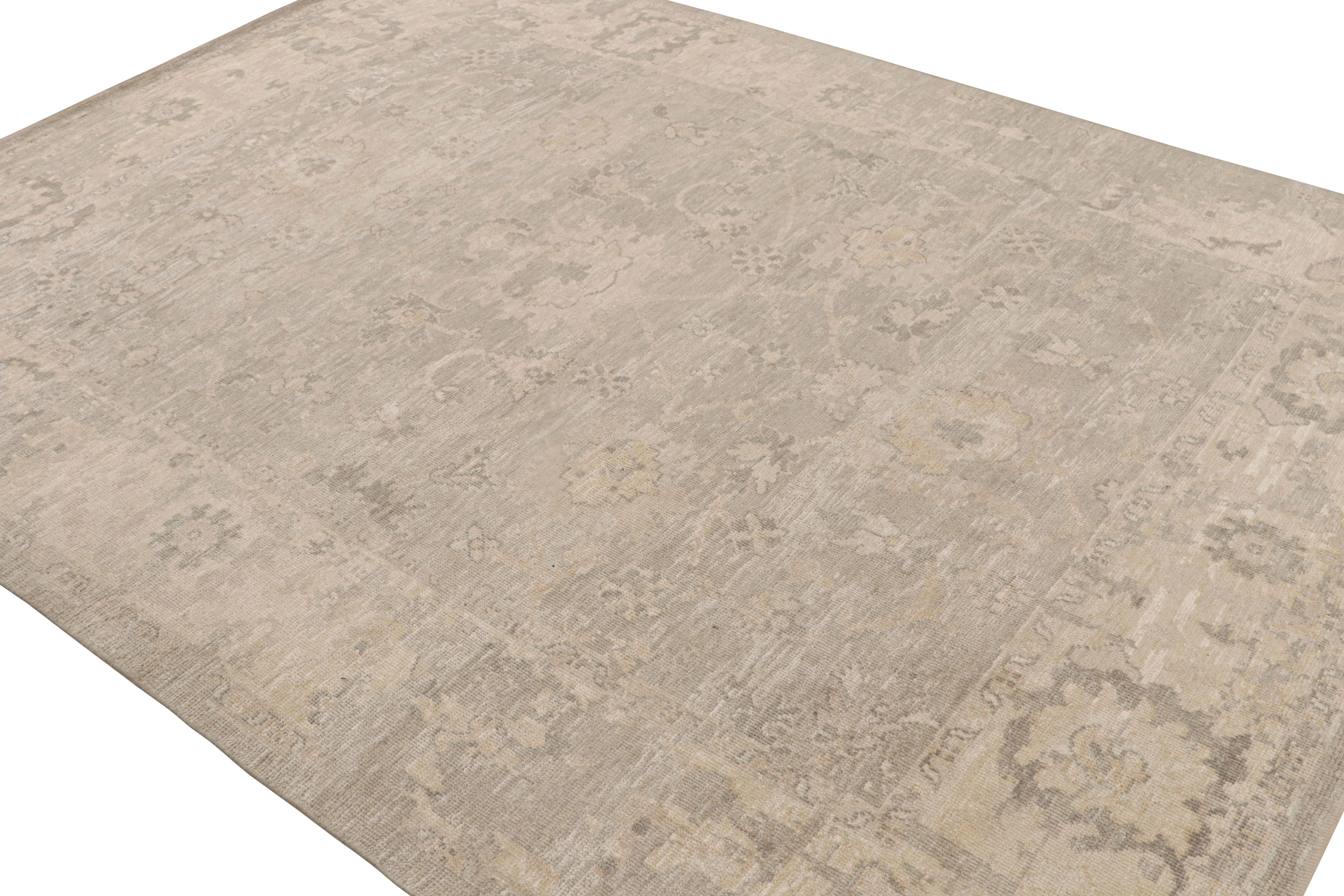 This 8×10 rug from the Modern Classics Collection by Rug & Kilim is from a new line inspired by antique Oushak rugs. Hand-knotted in wool & sari silk, its design enjoys beige, gold & gray floral patterns.  

On the design: 

The rug is made with a